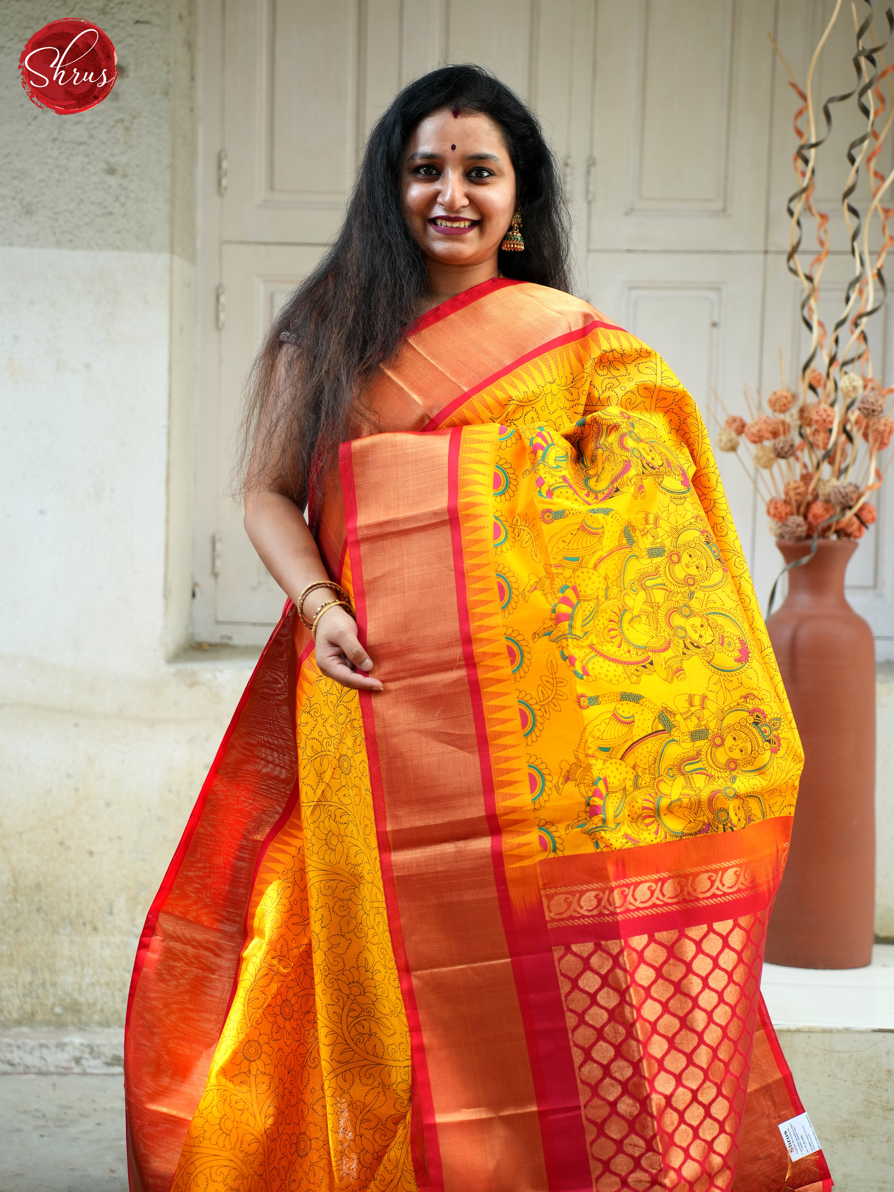 Yellow &  Red - Silk Cotton Saree - Shop on ShrusEternity.com