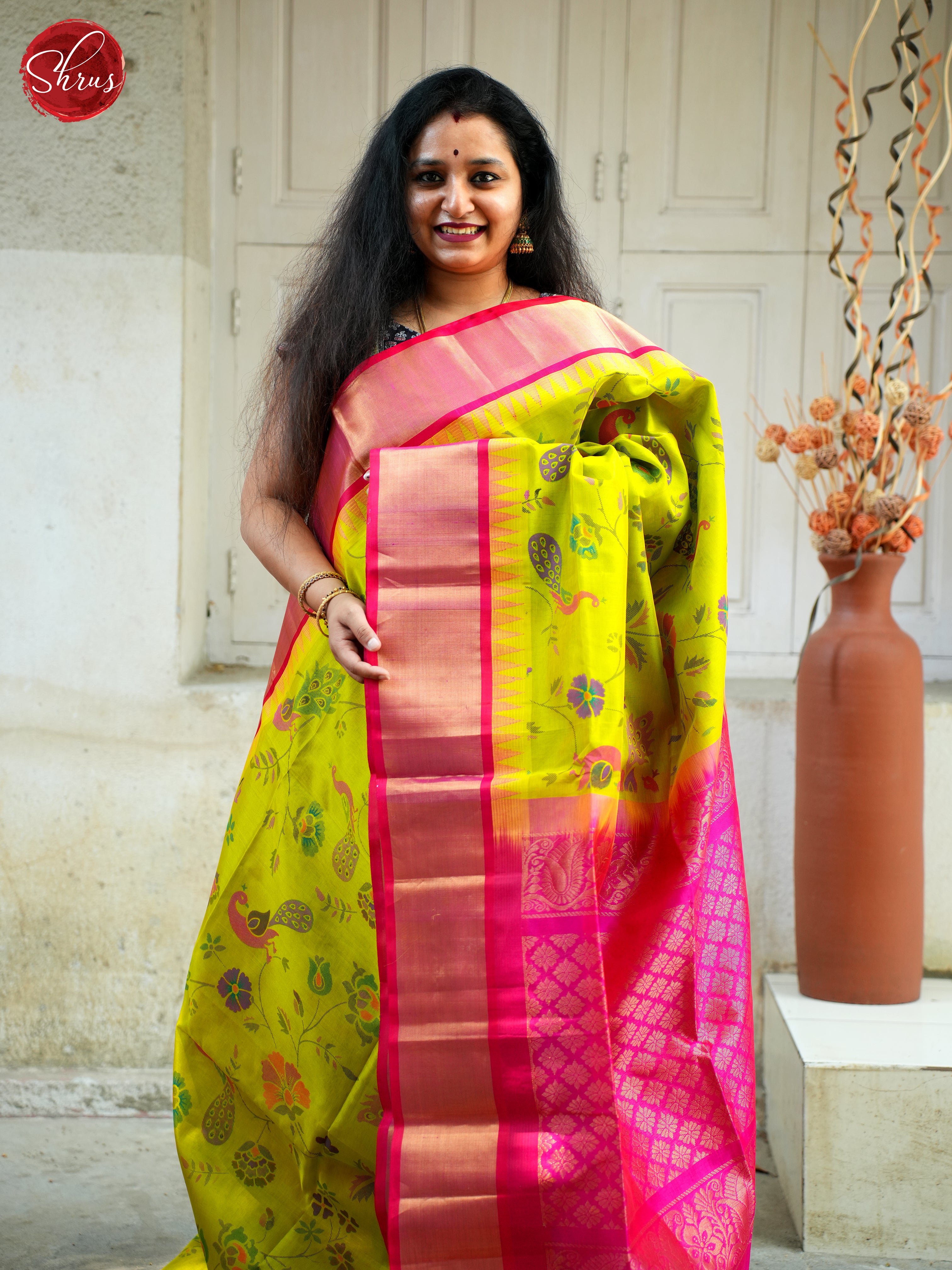 Green & Pink- Silk Cotton Saree - Shop on ShrusEternity.com
