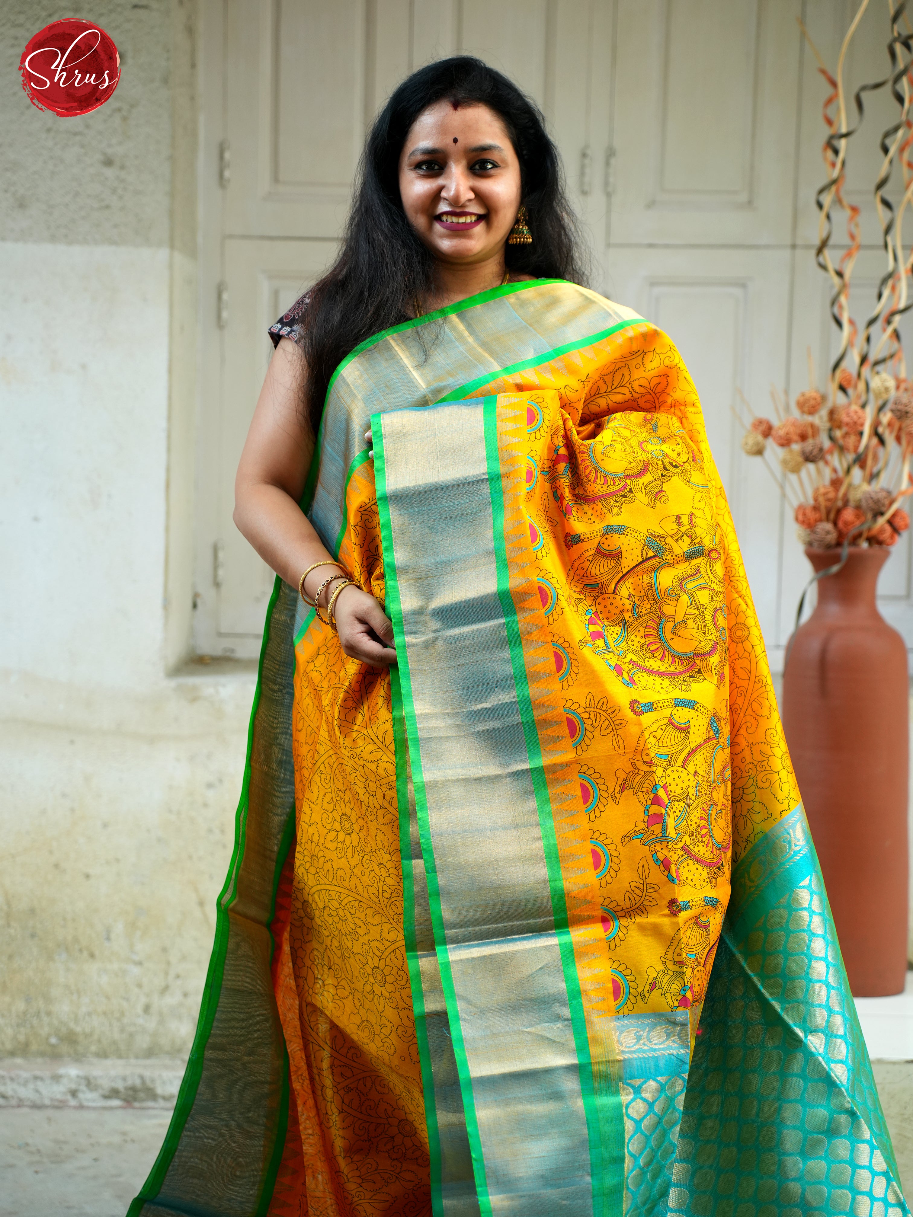 Yellow & Green - Silk Cotton Saree - Shop on ShrusEternity.com