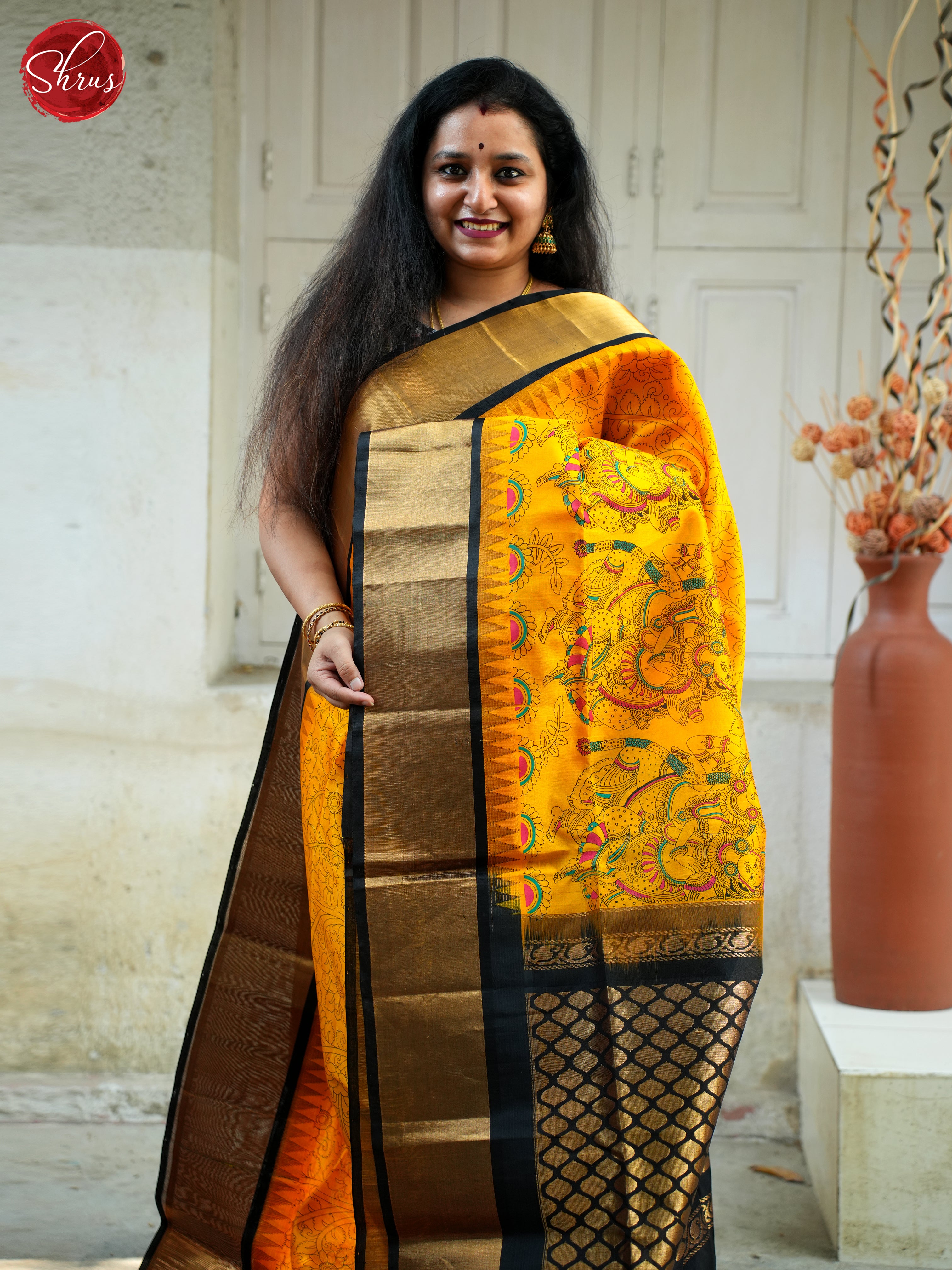 Yellow & Black - Silk Cotton Saree - Shop on ShrusEternity.com