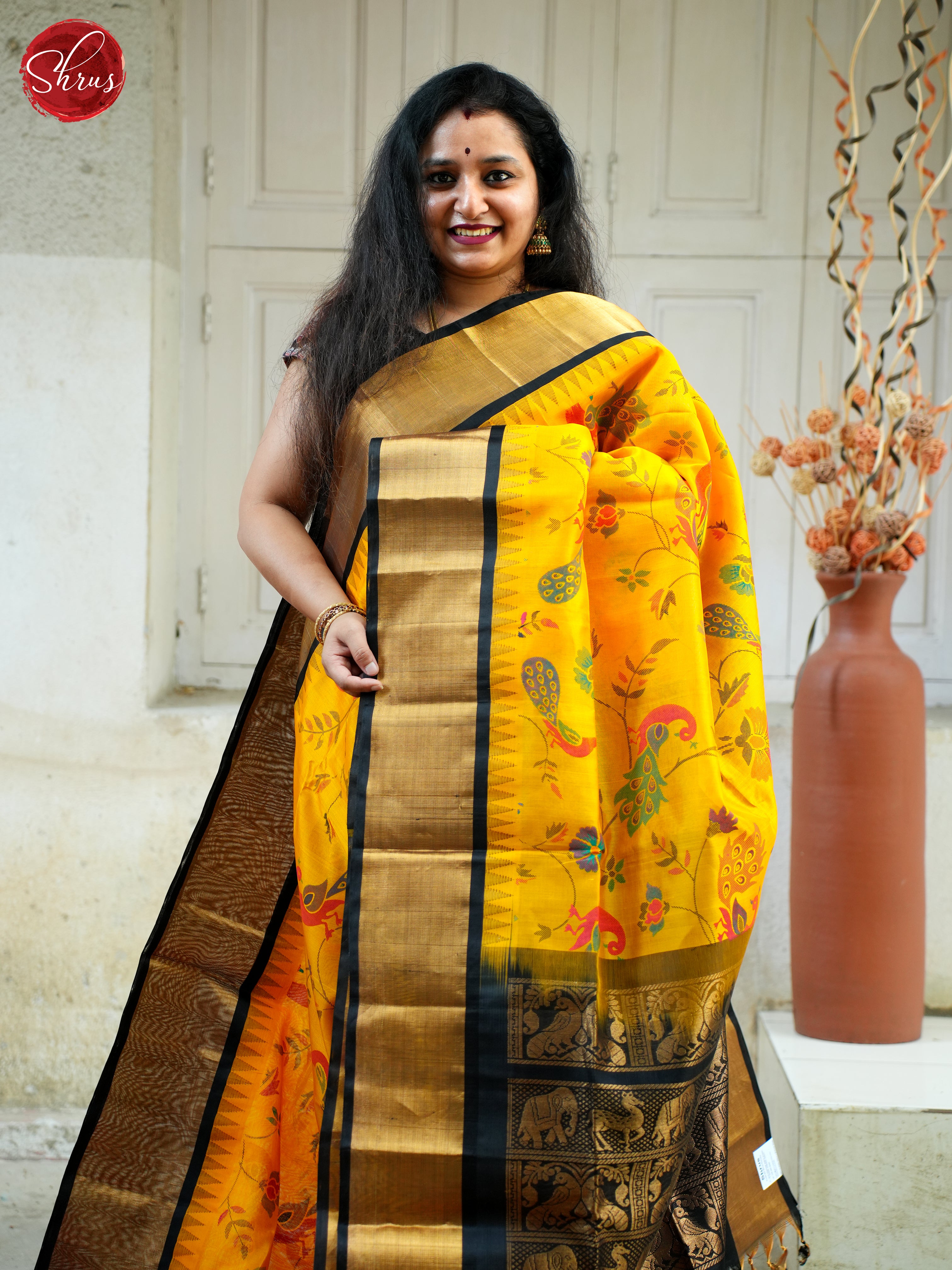 Yellow & Black - Silk Cotton Saree - Shop on ShrusEternity.com