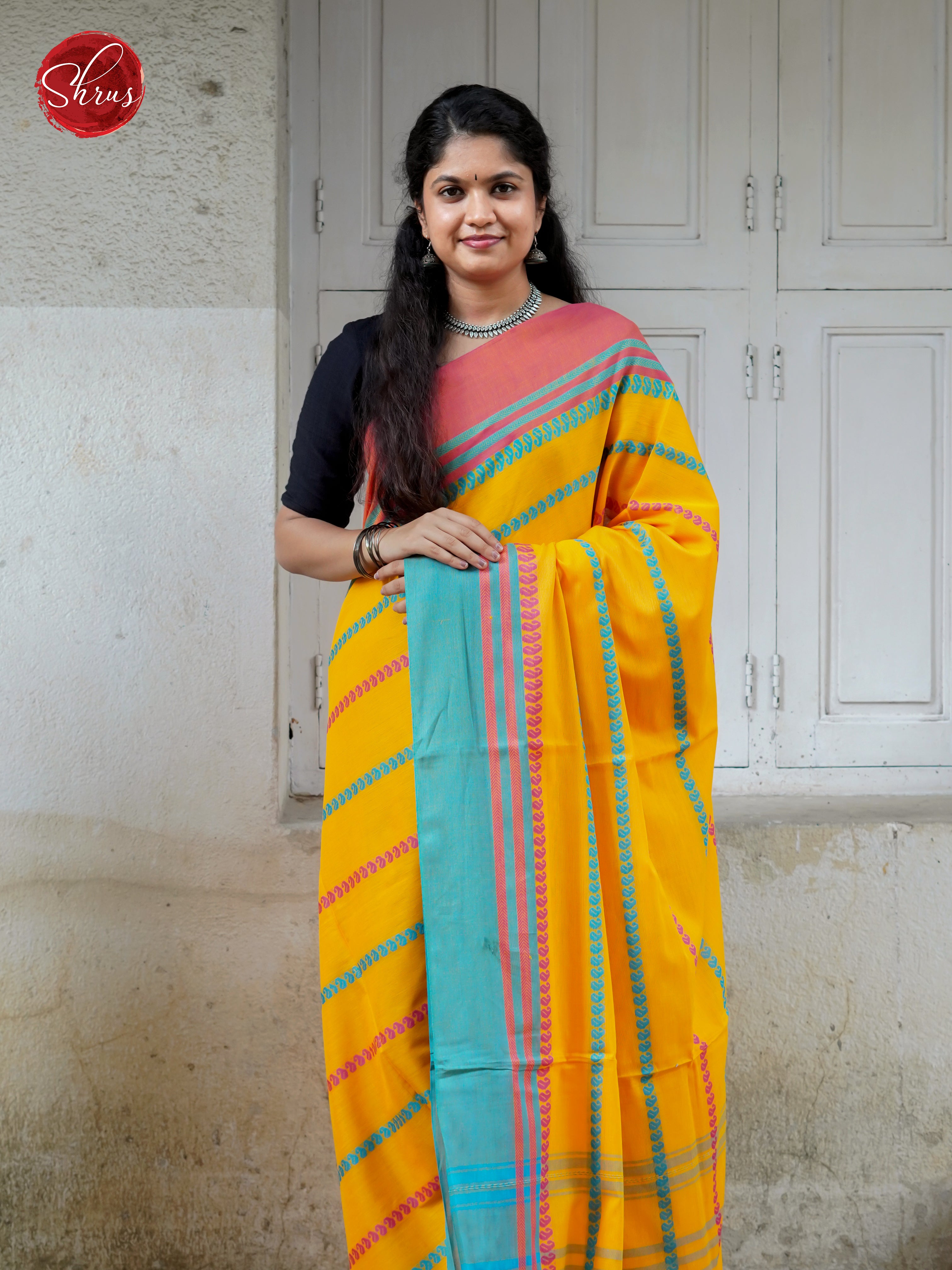 Yellow & Blue - Mercerized Cotton Saree - Shop on ShrusEternity.com