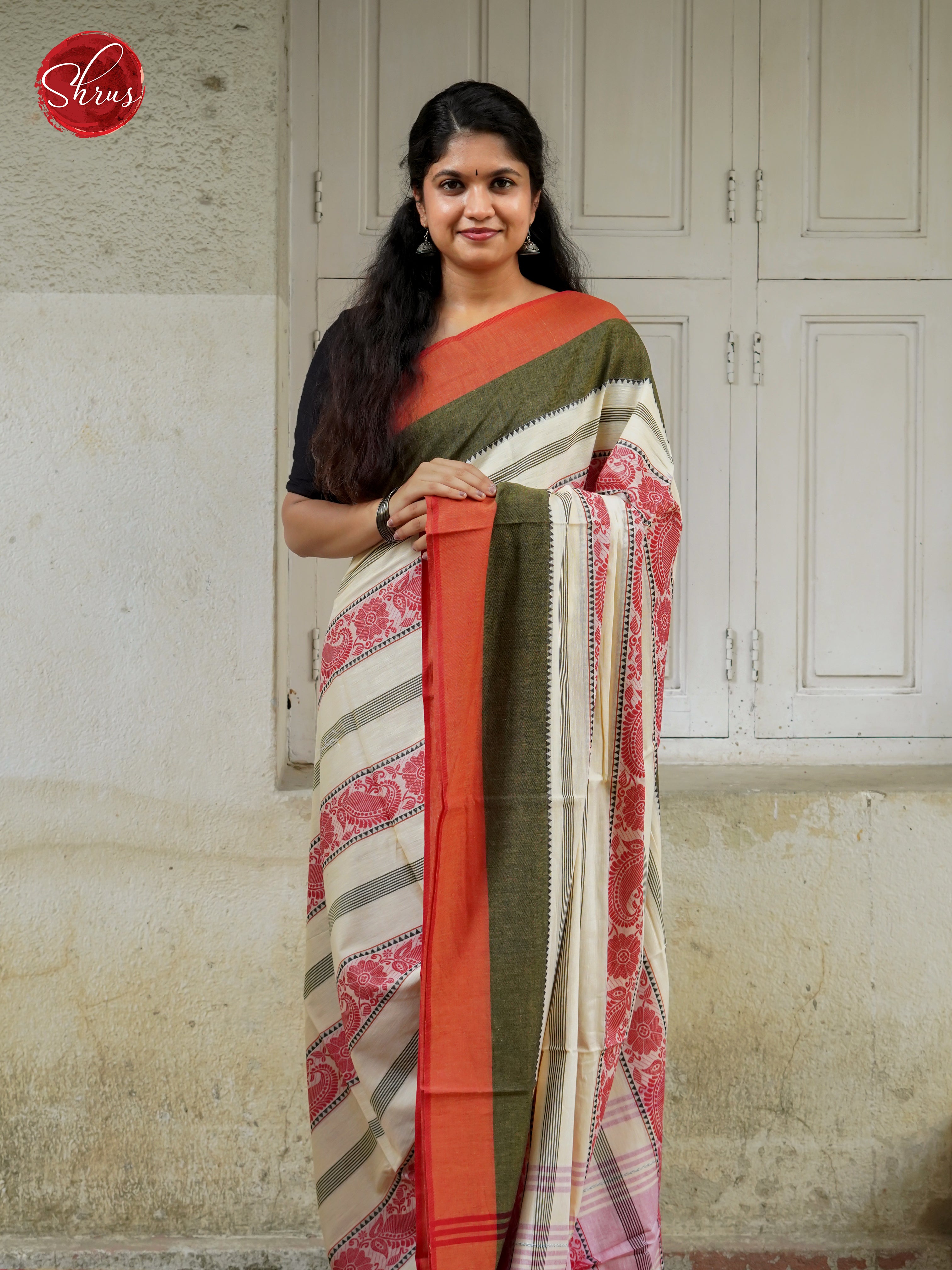 White & Orange - Mercerized Cotton Saree - Shop on ShrusEternity.com