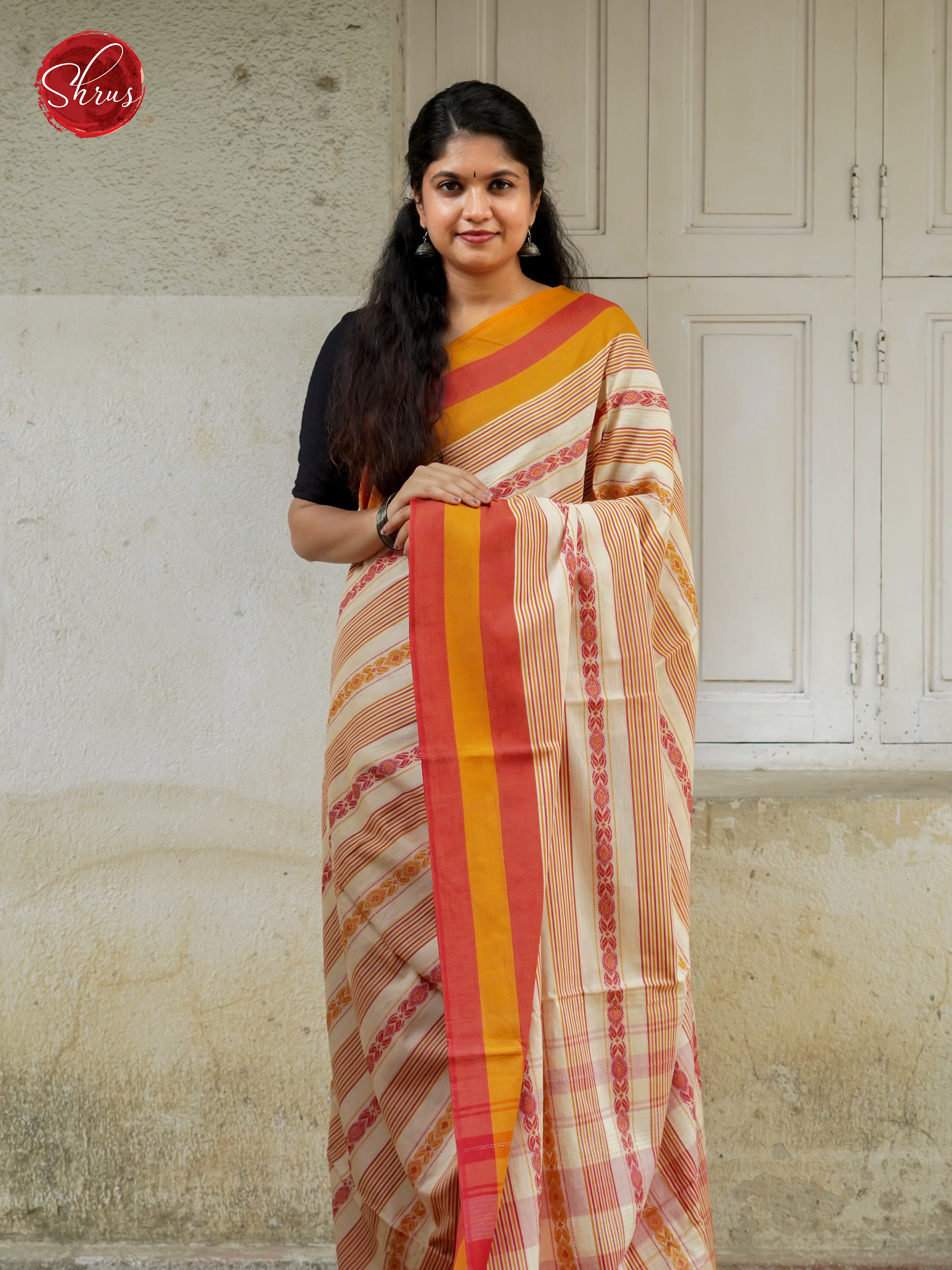 White &  Orange - Mercerized Cotton Saree - Shop on ShrusEternity.com