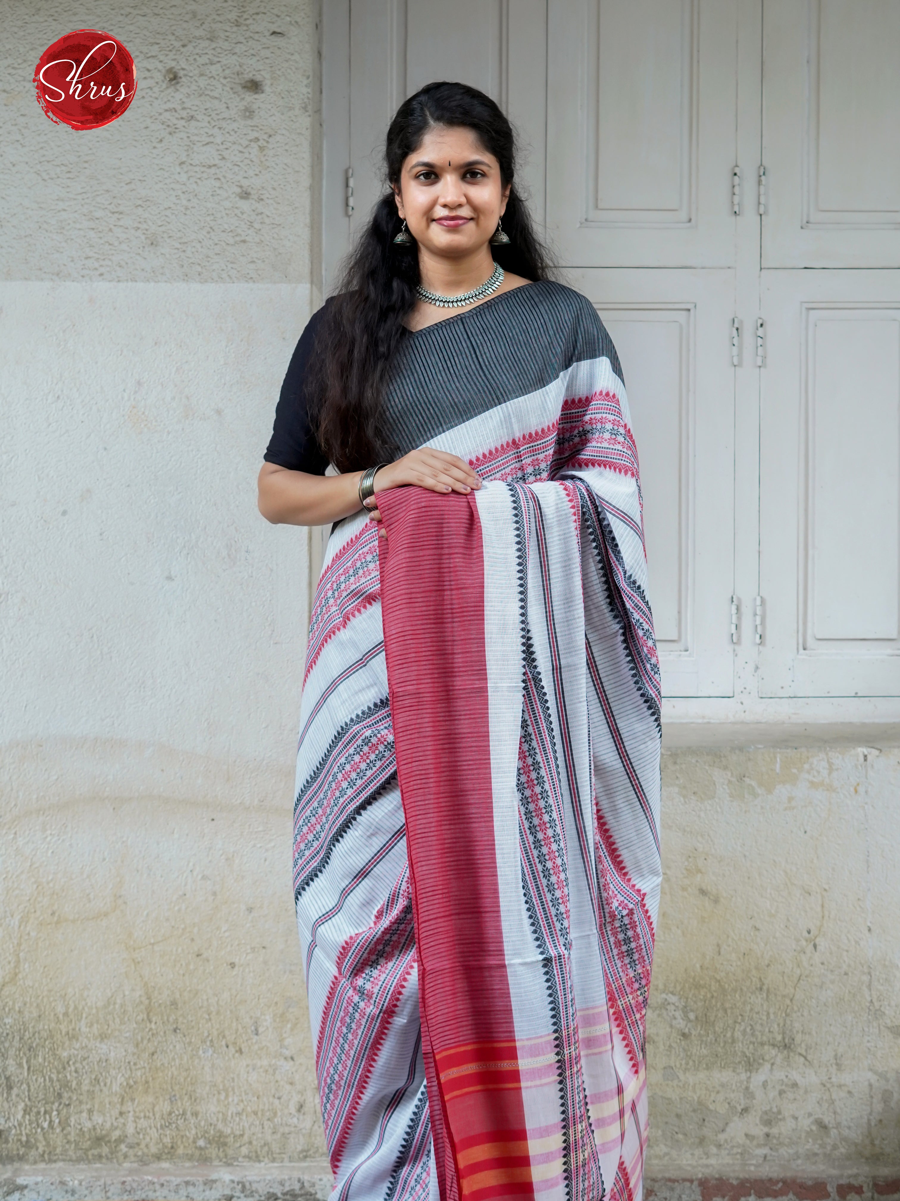 White & Red- Mercerized Cotton Saree - Shop on ShrusEternity.com