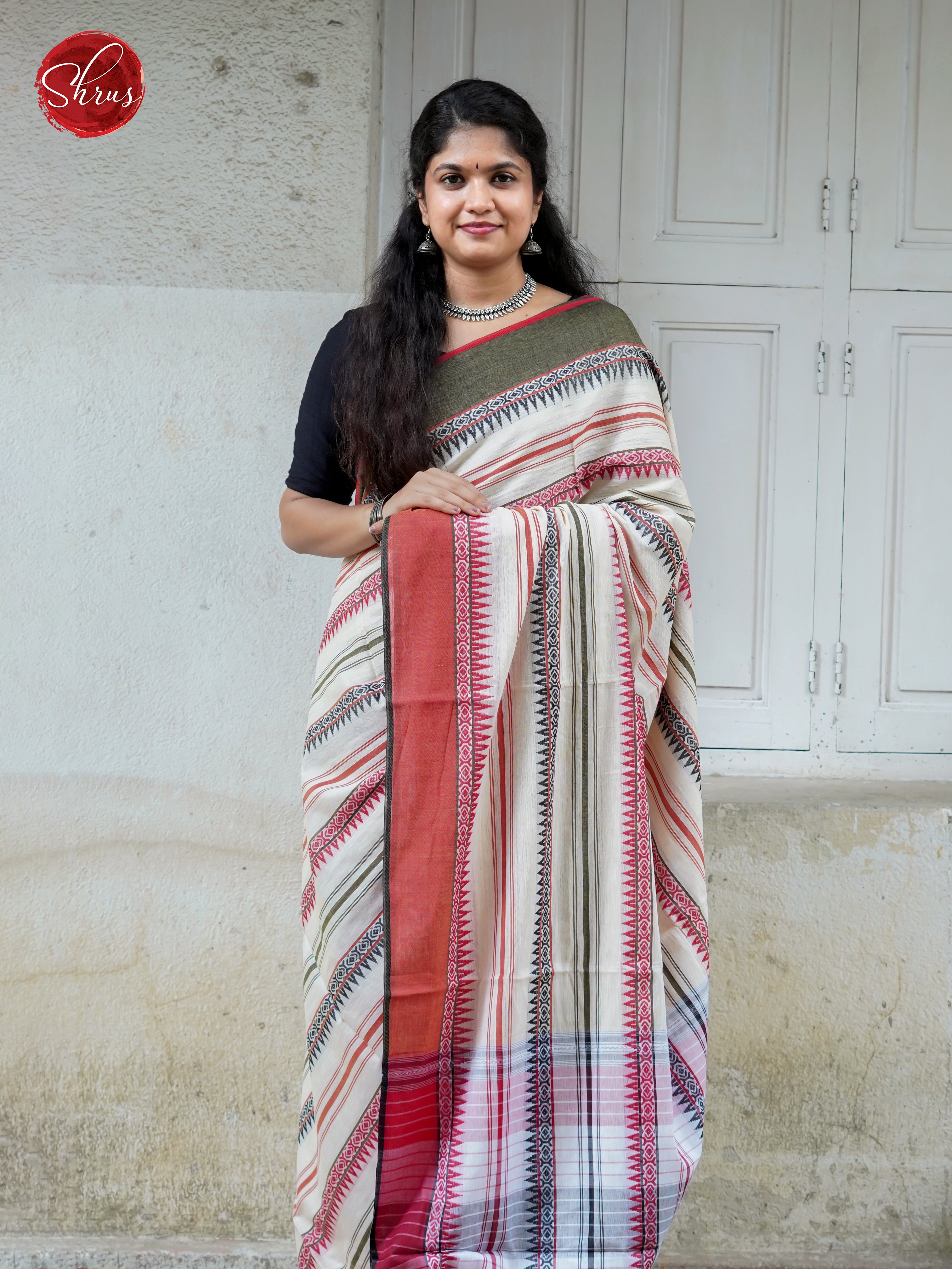 White & Orange - Mercerized Cotton Saree - Shop on ShrusEternity.com