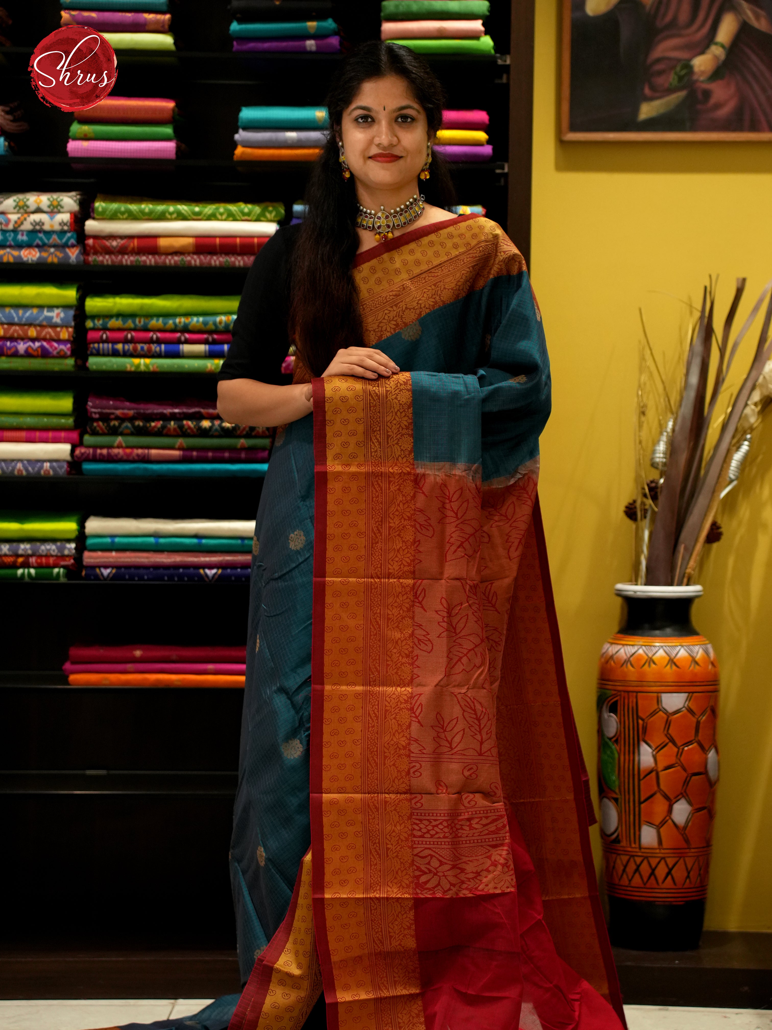 Peacock Green & Maroon  - Mercerized Cotton Saree - Shop on ShrusEternity.com