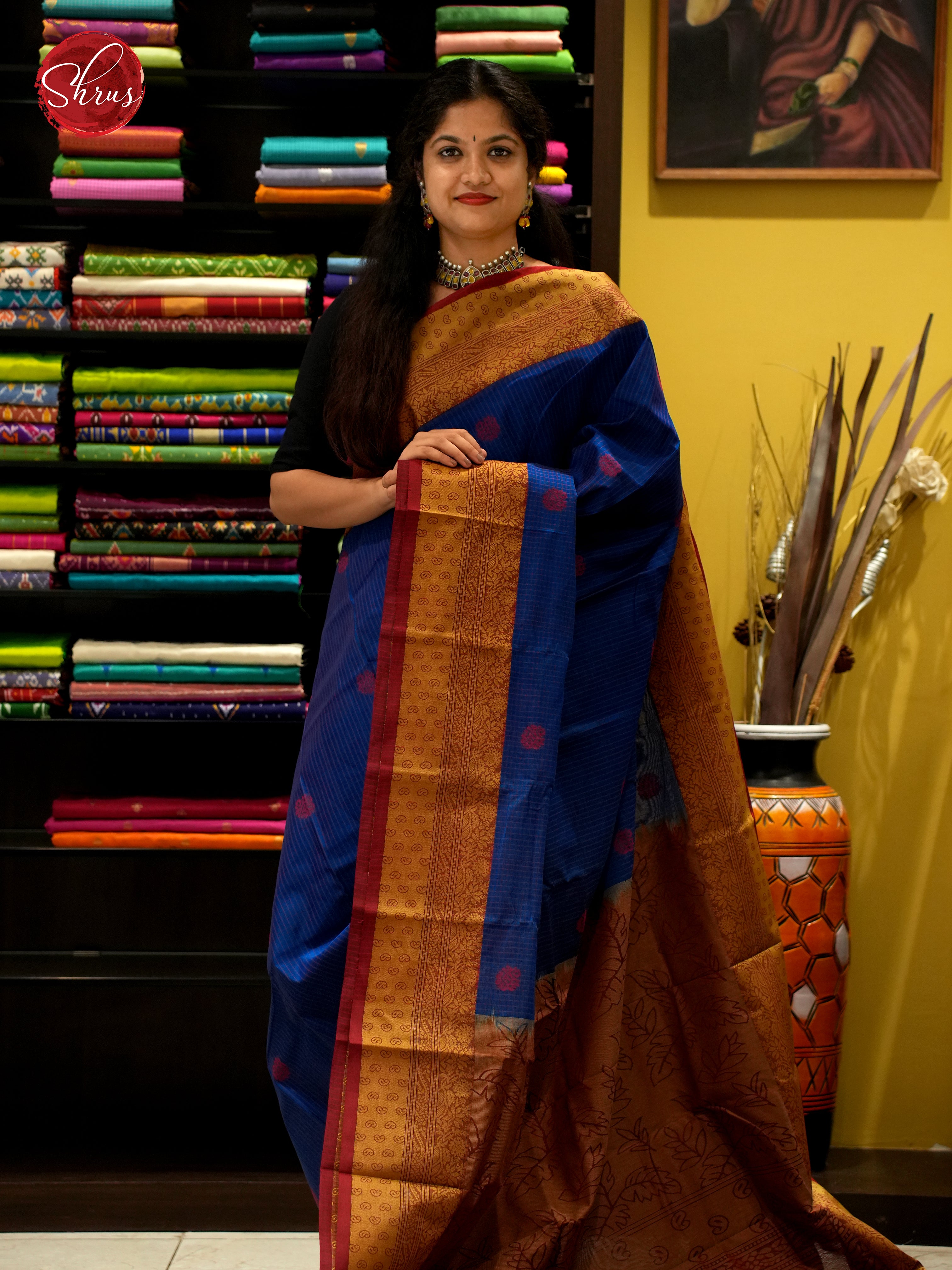 Blue & Maroon - Mercerized Cotton Saree - Shop on ShrusEternity.com