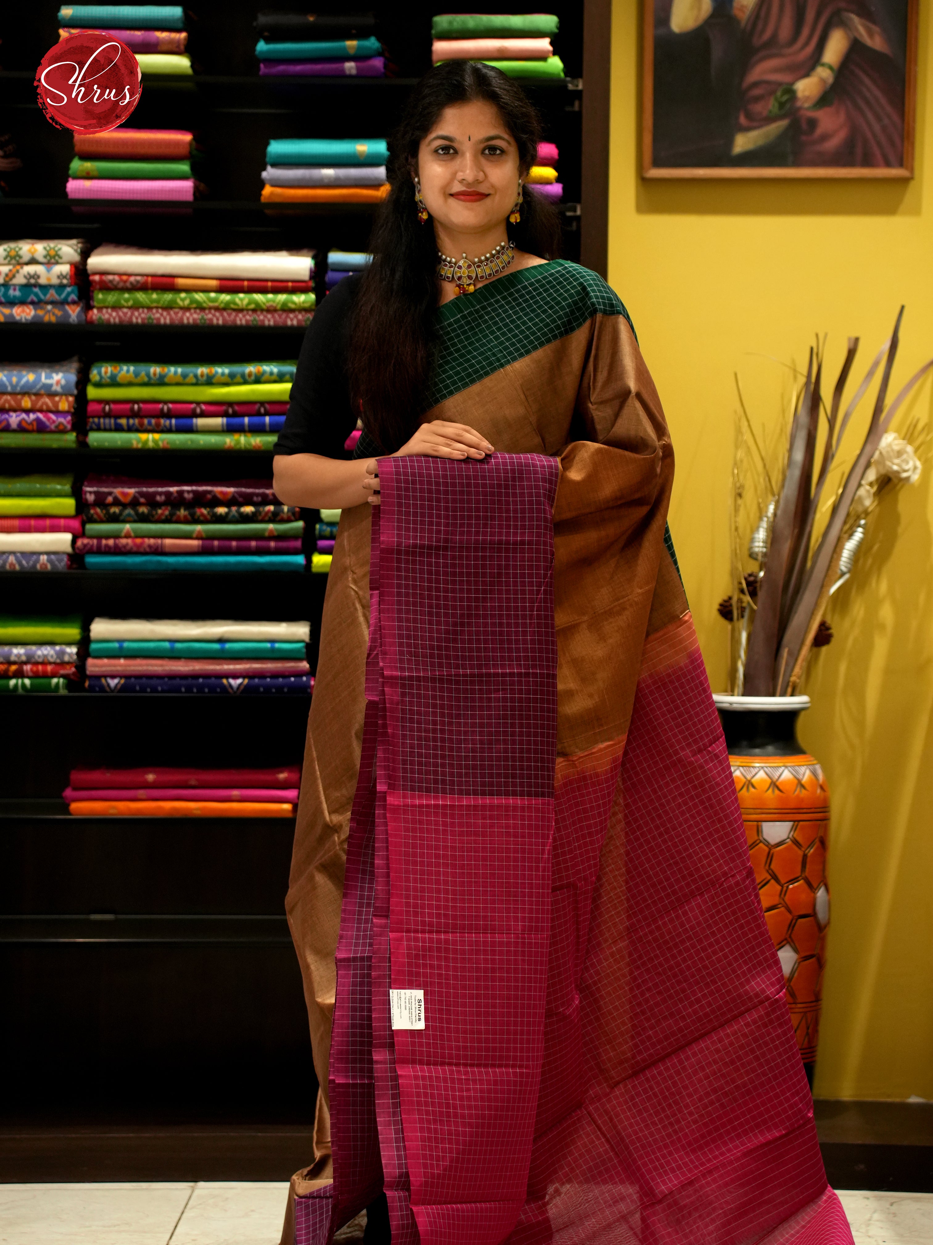 Brown & Red - Mercerized Cotton Saree - Shop on ShrusEternity.com