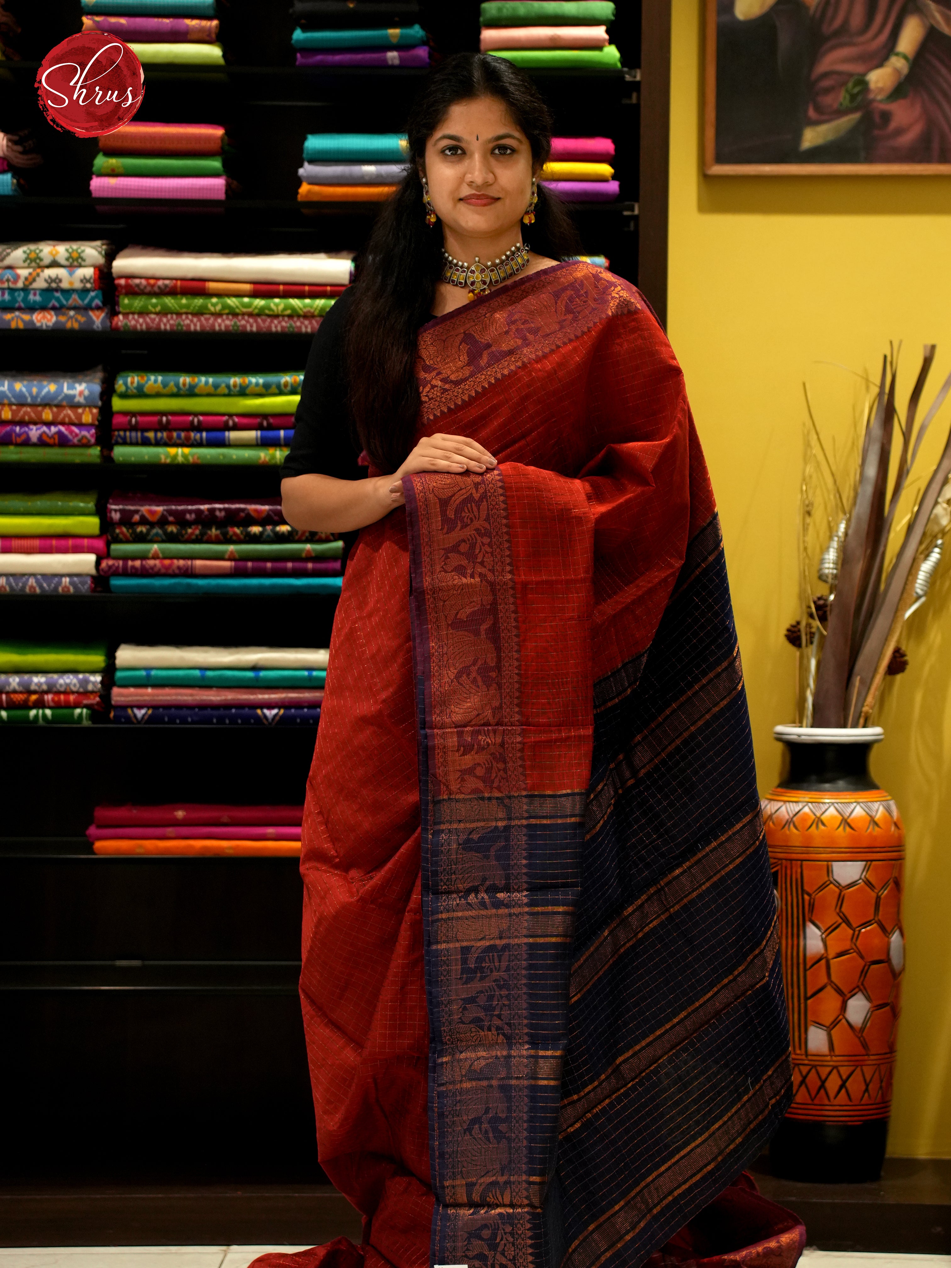 Red & Blue - Mercerized Cotton Saree - Shop on ShrusEternity.com