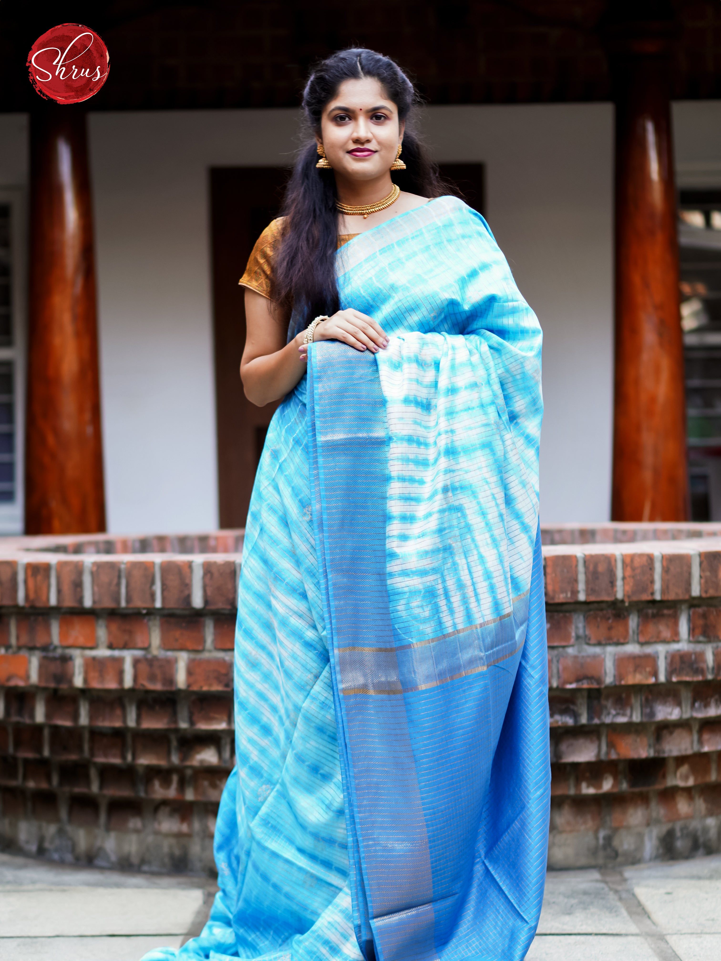 Cream & Blue - Shibori Saree - Shop on ShrusEternity.com