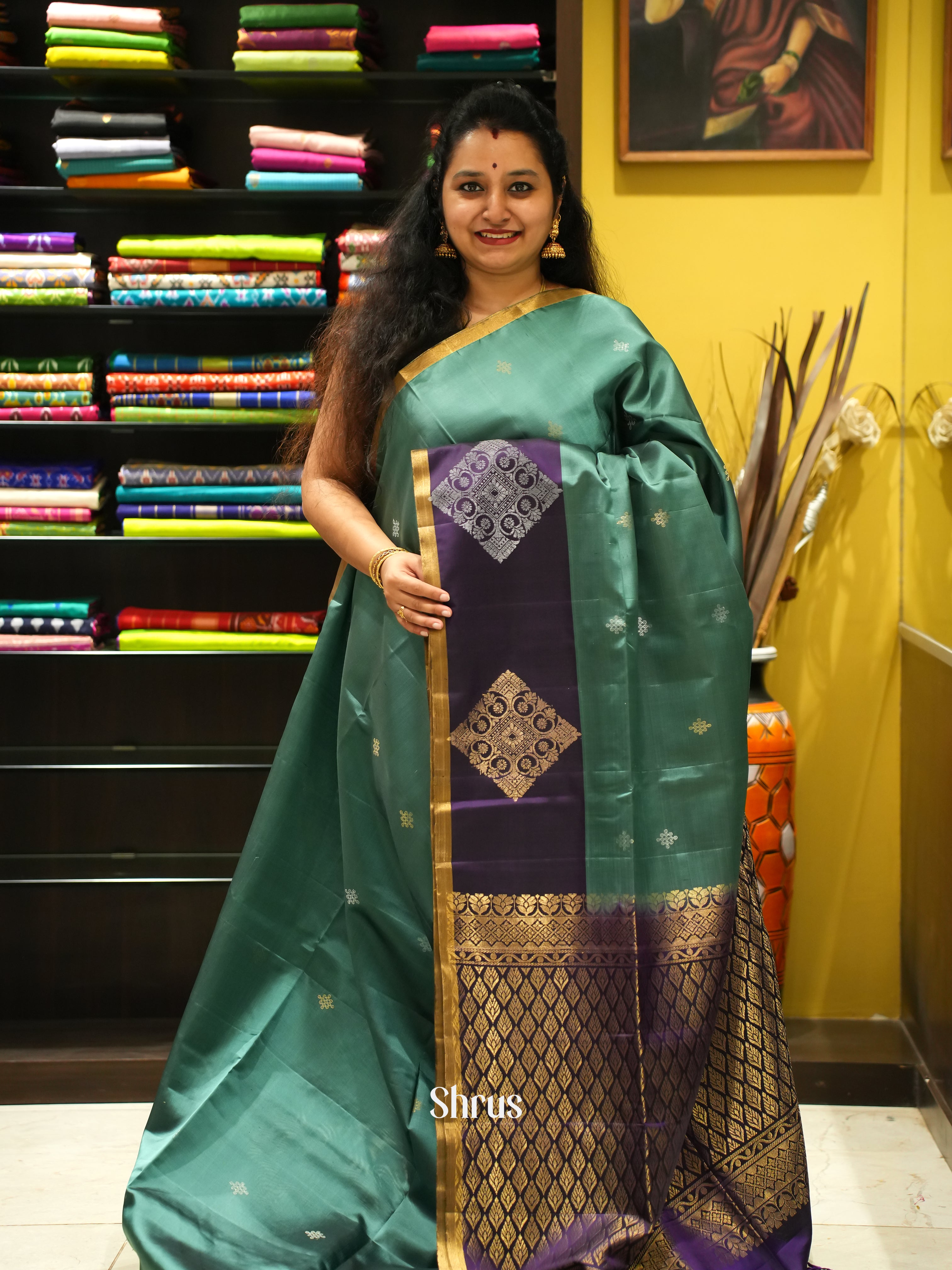 Green & Violet - Soft Silk Saree - Shop on ShrusEternity.com