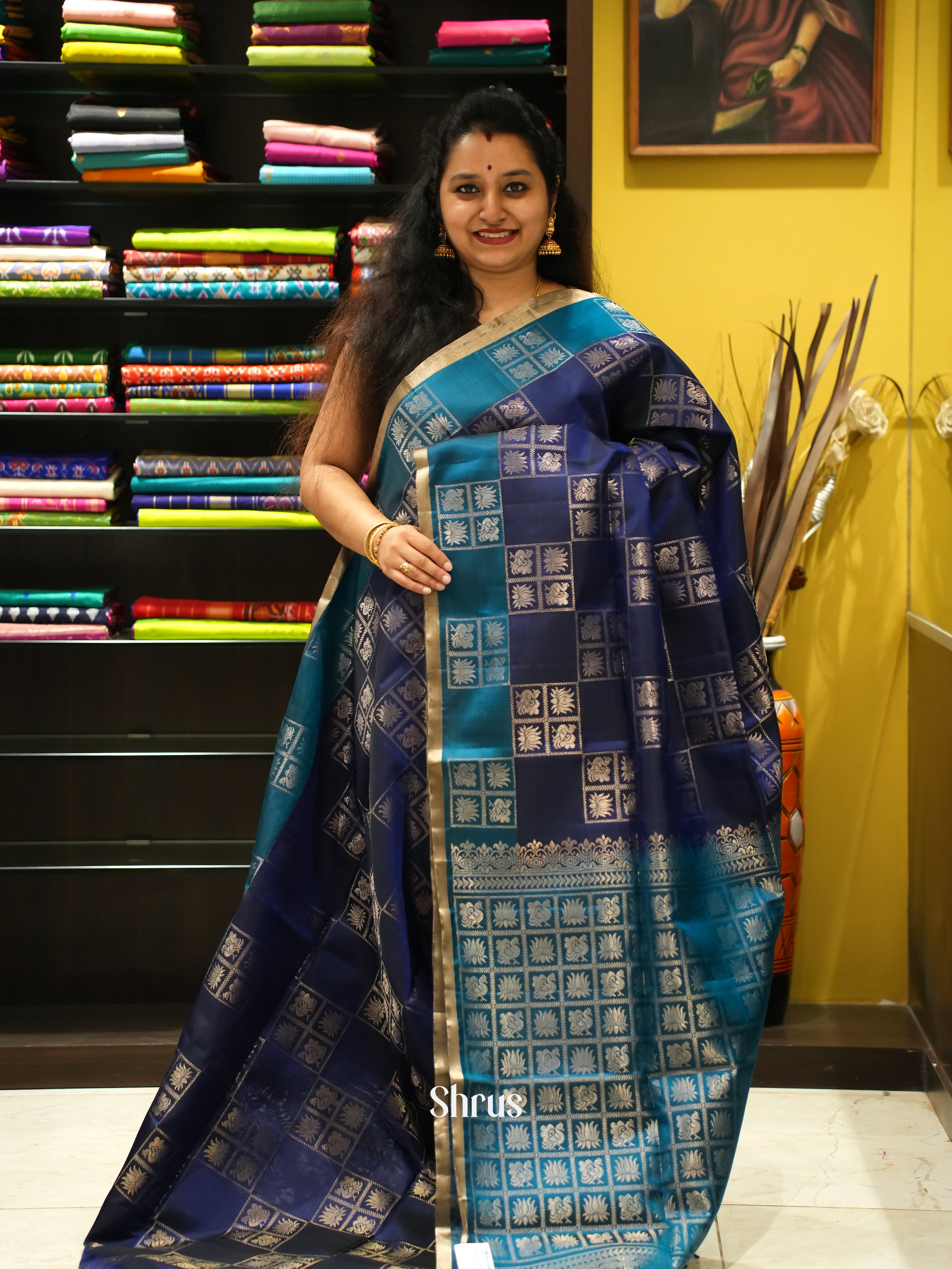 Blue & Teal - Soft Silk Saree - Shop on ShrusEternity.com