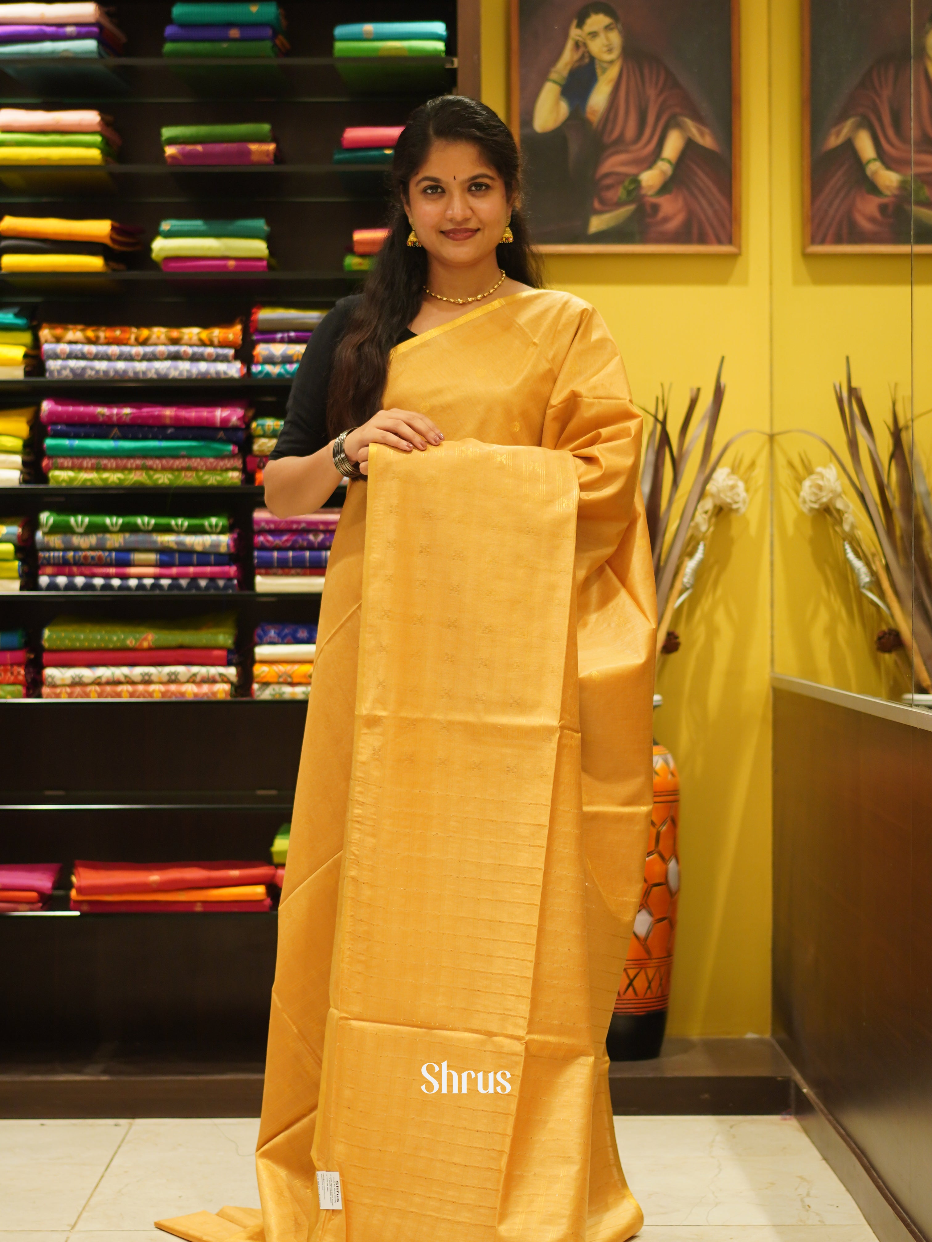 Yellow (Single Tone)- Semi Tussar Saree - Shop on ShrusEternity.com