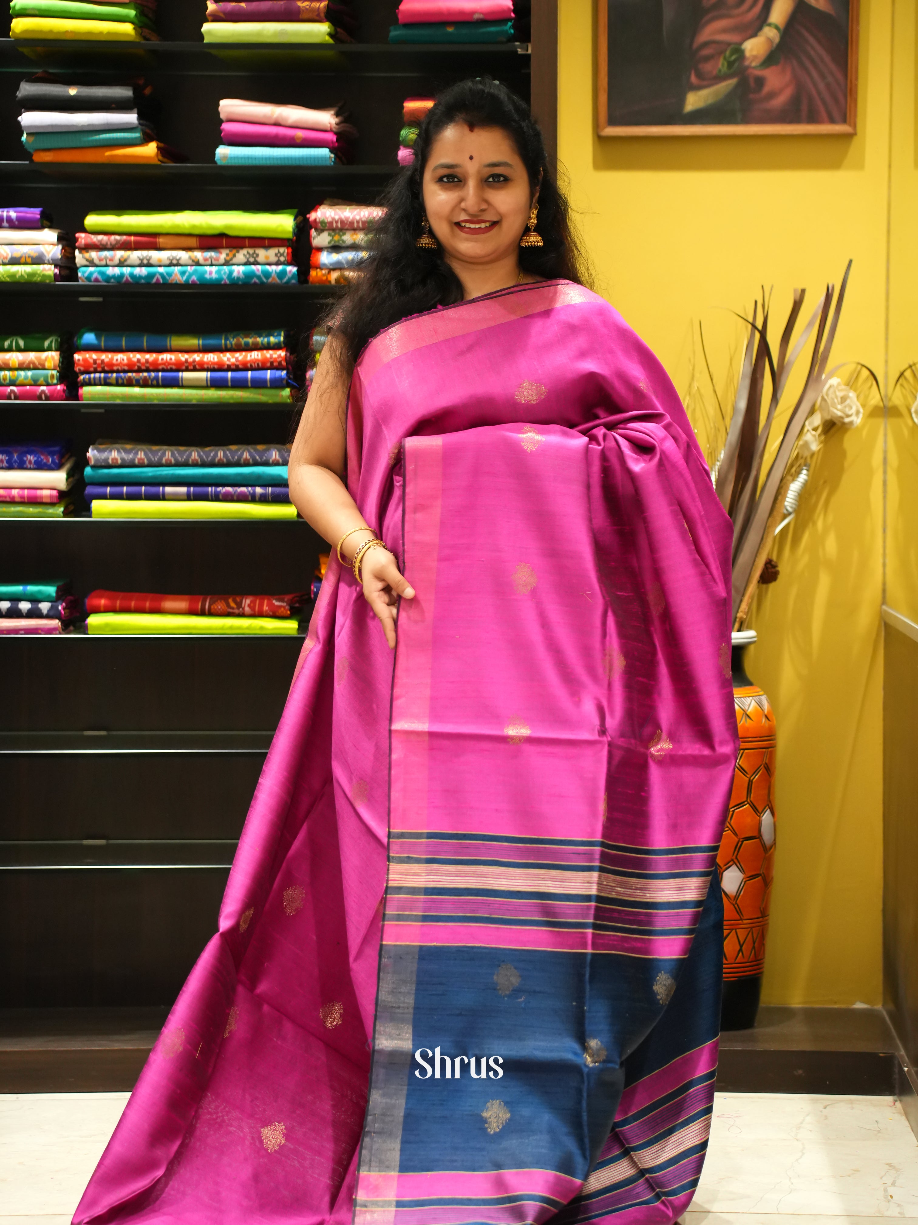 Pink & Blue - Raw Silk Saree - Shop on ShrusEternity.com
