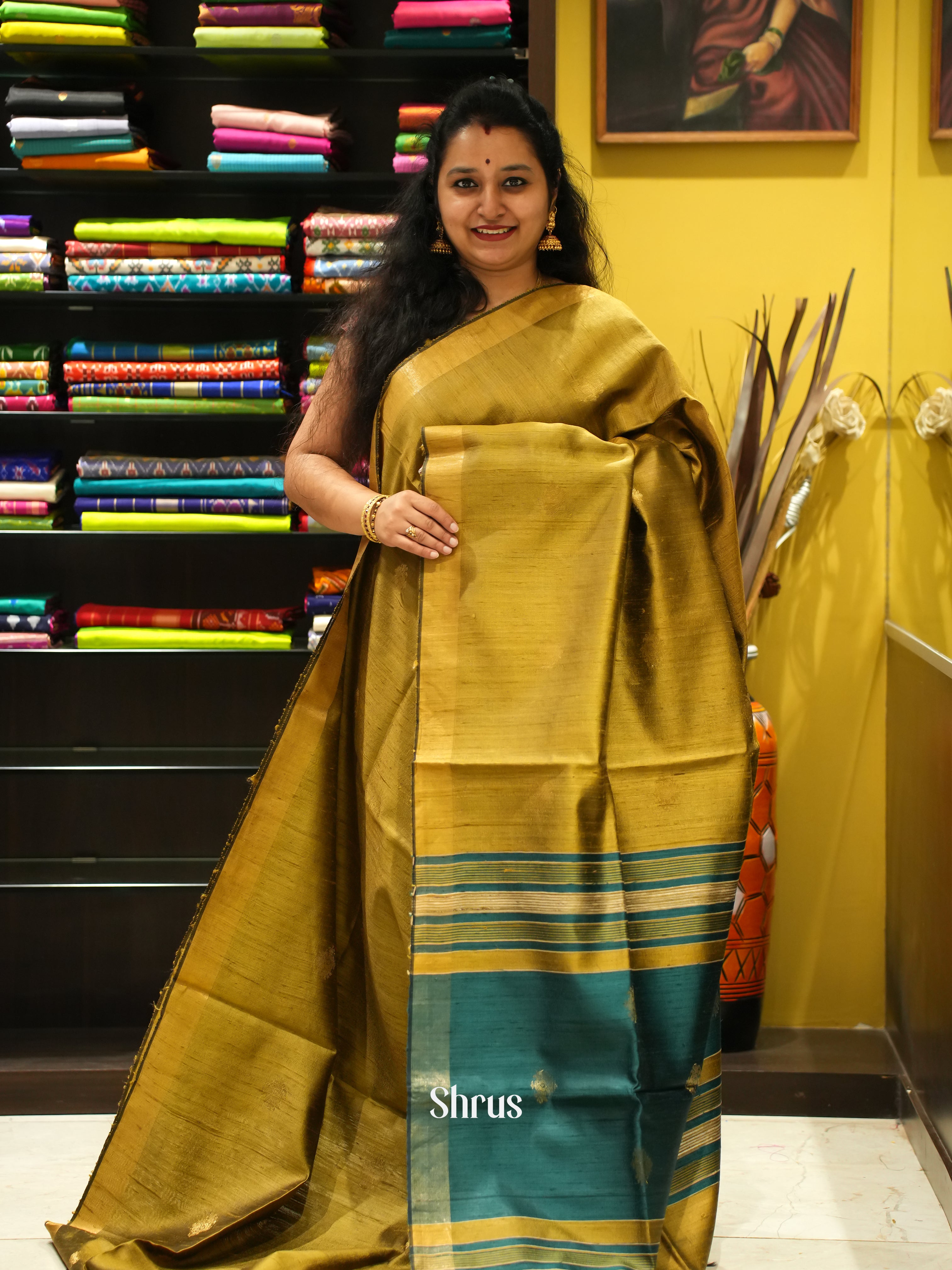 Mehandi Green & Green - Raw Silk Saree - Shop on ShrusEternity.com