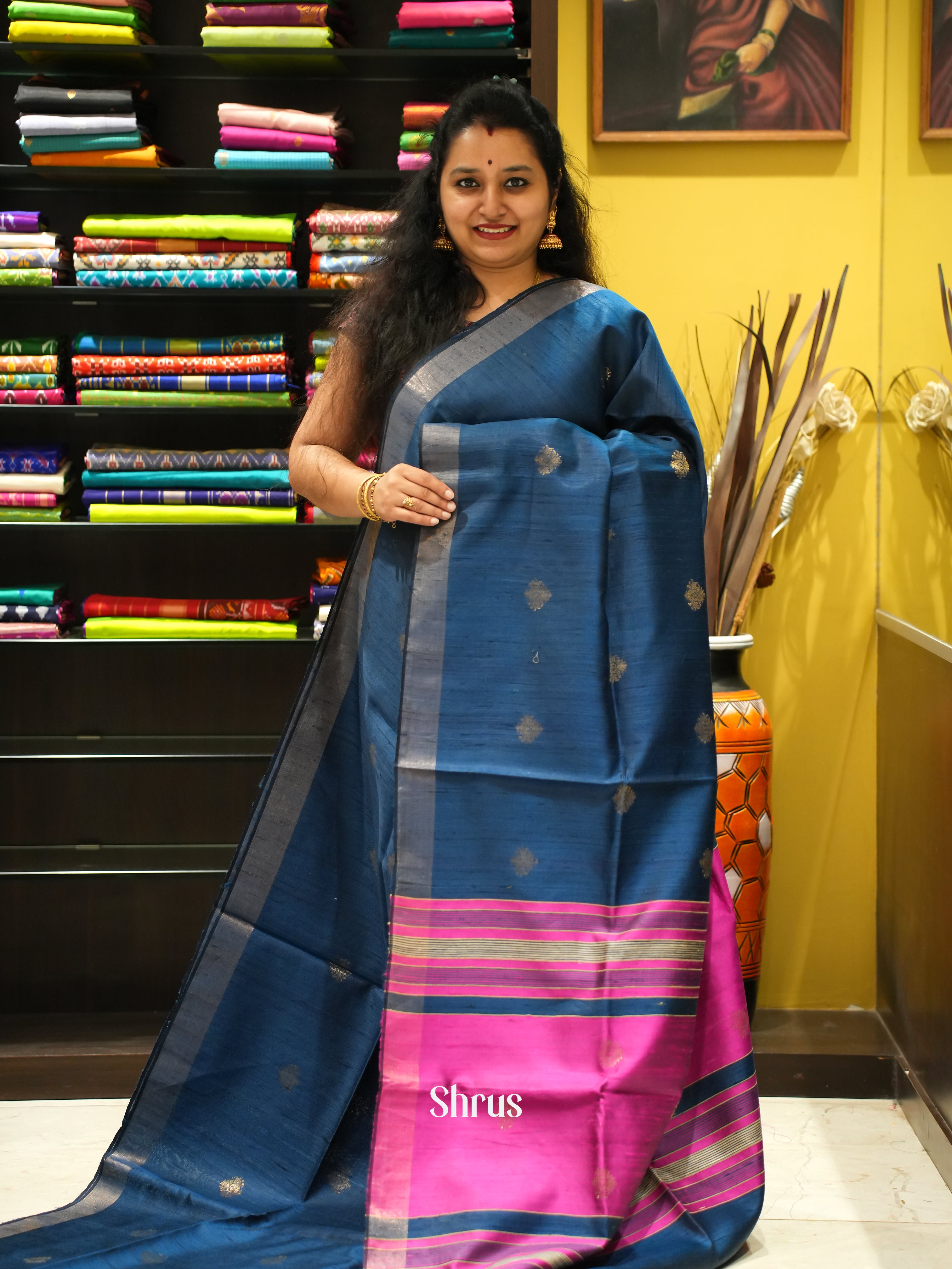 Blue & Pink  - Raw Silk Saree - Shop on ShrusEternity.com