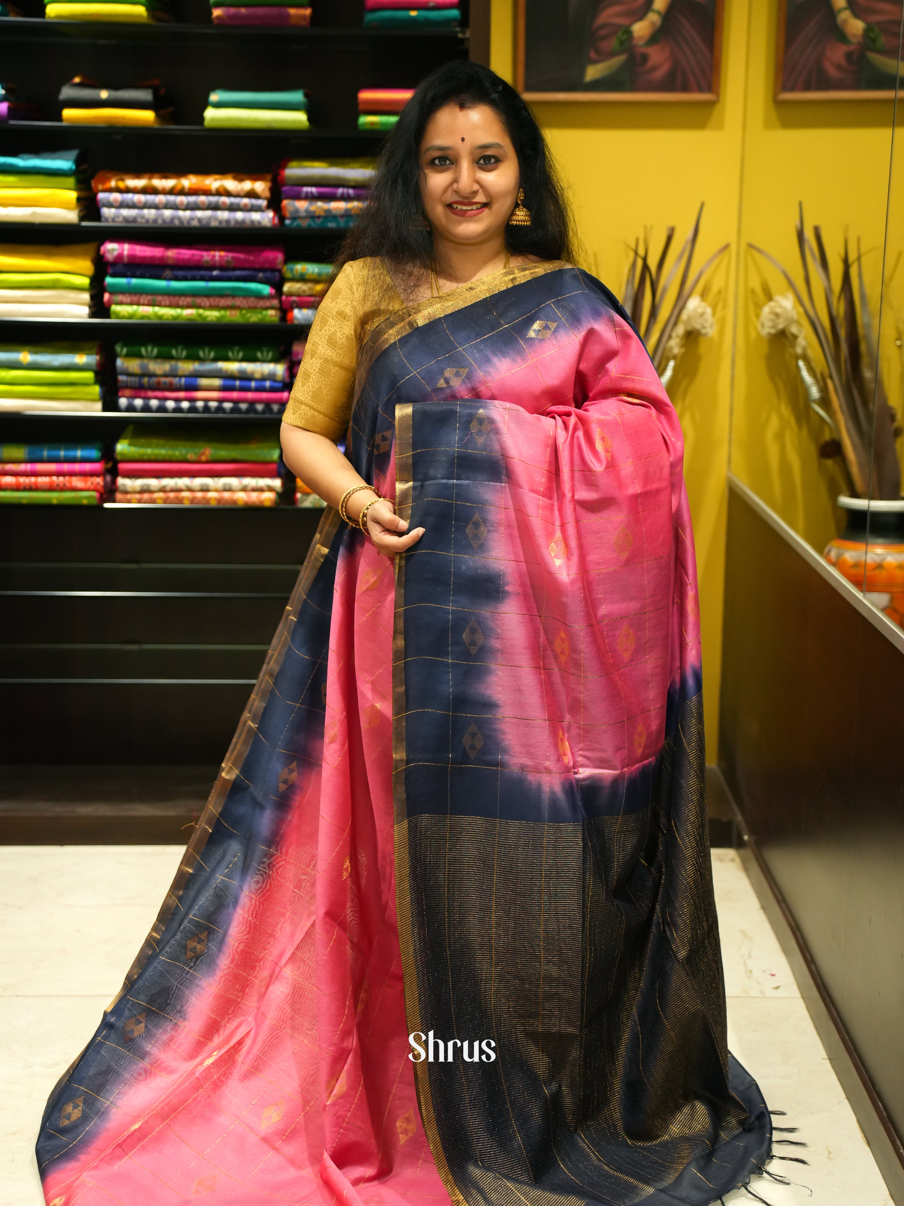 Pink & Blue - Semi Tussar Saree - Shop on ShrusEternity.com