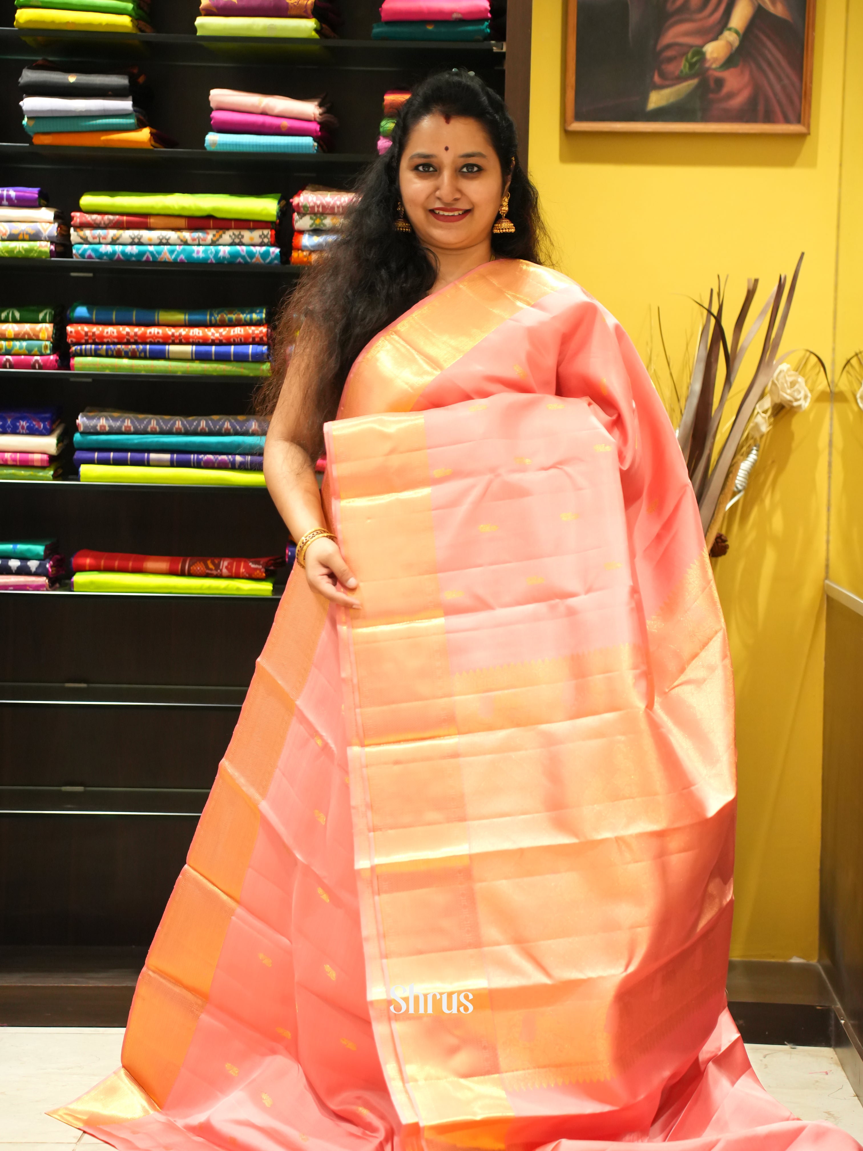 Peach(Single Tone)- Kanchipuram silk Saree - Shop on ShrusEternity.com