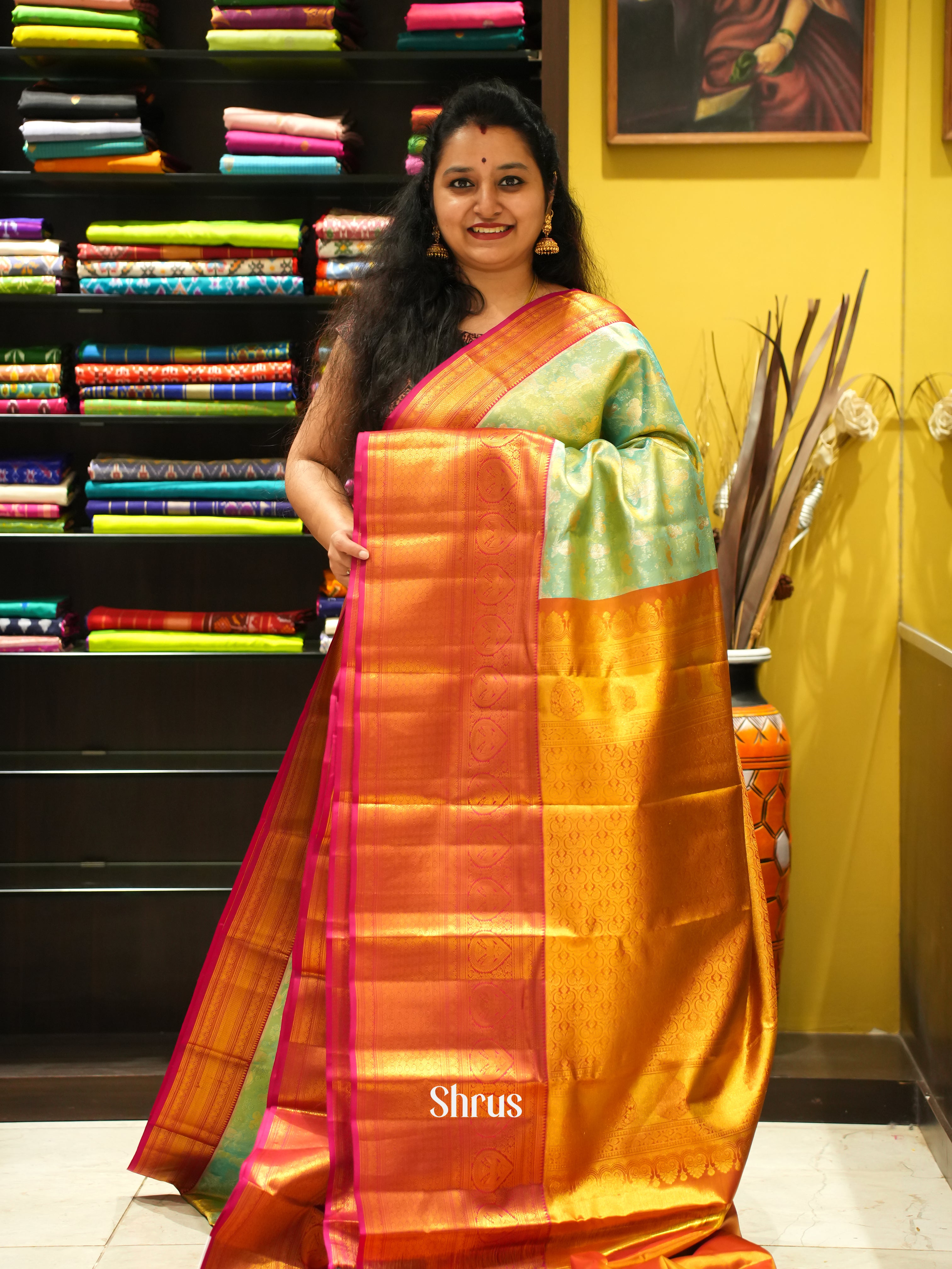 Green & Mustard - Kanchipuram silk Saree - Shop on ShrusEternity.com