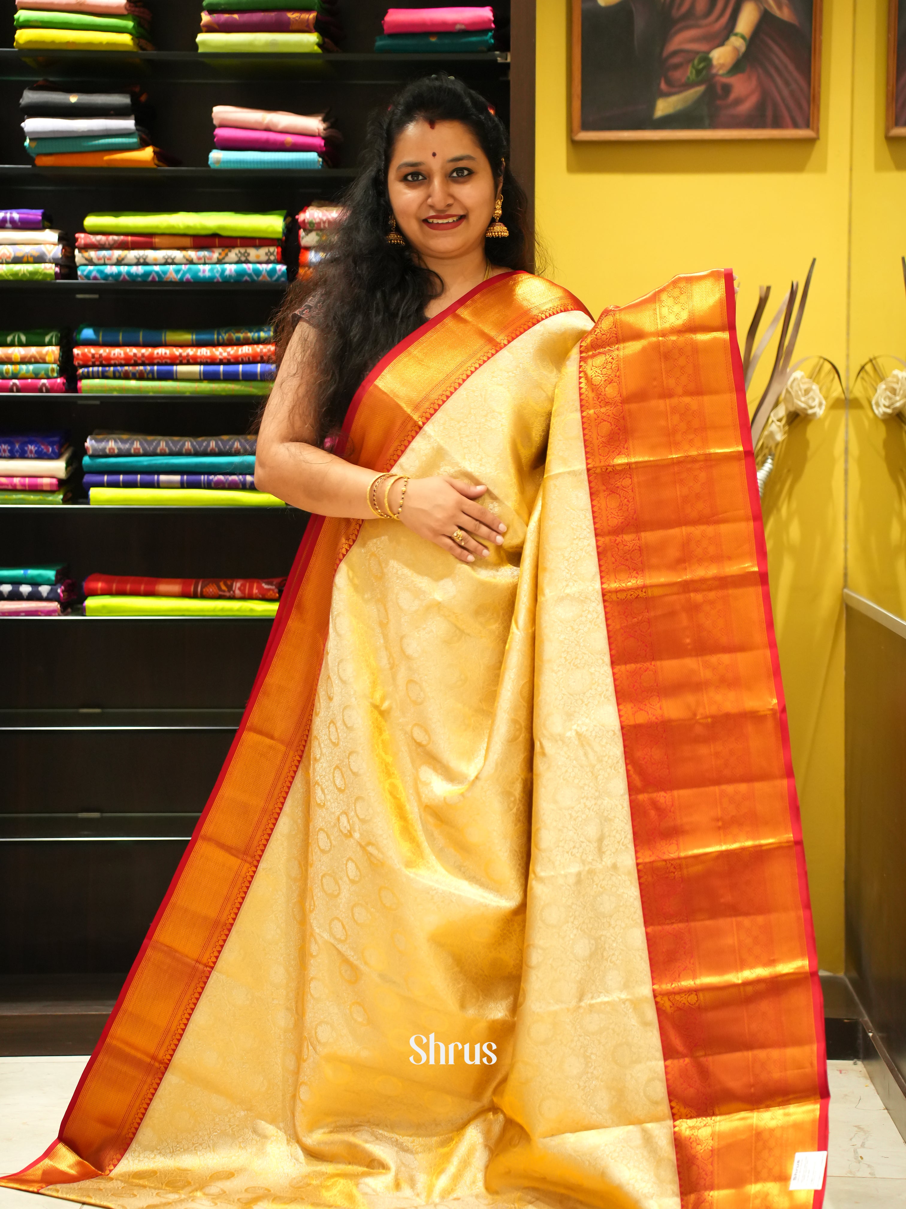Cream & Red - Kanchipuram silk Saree - Shop on ShrusEternity.com