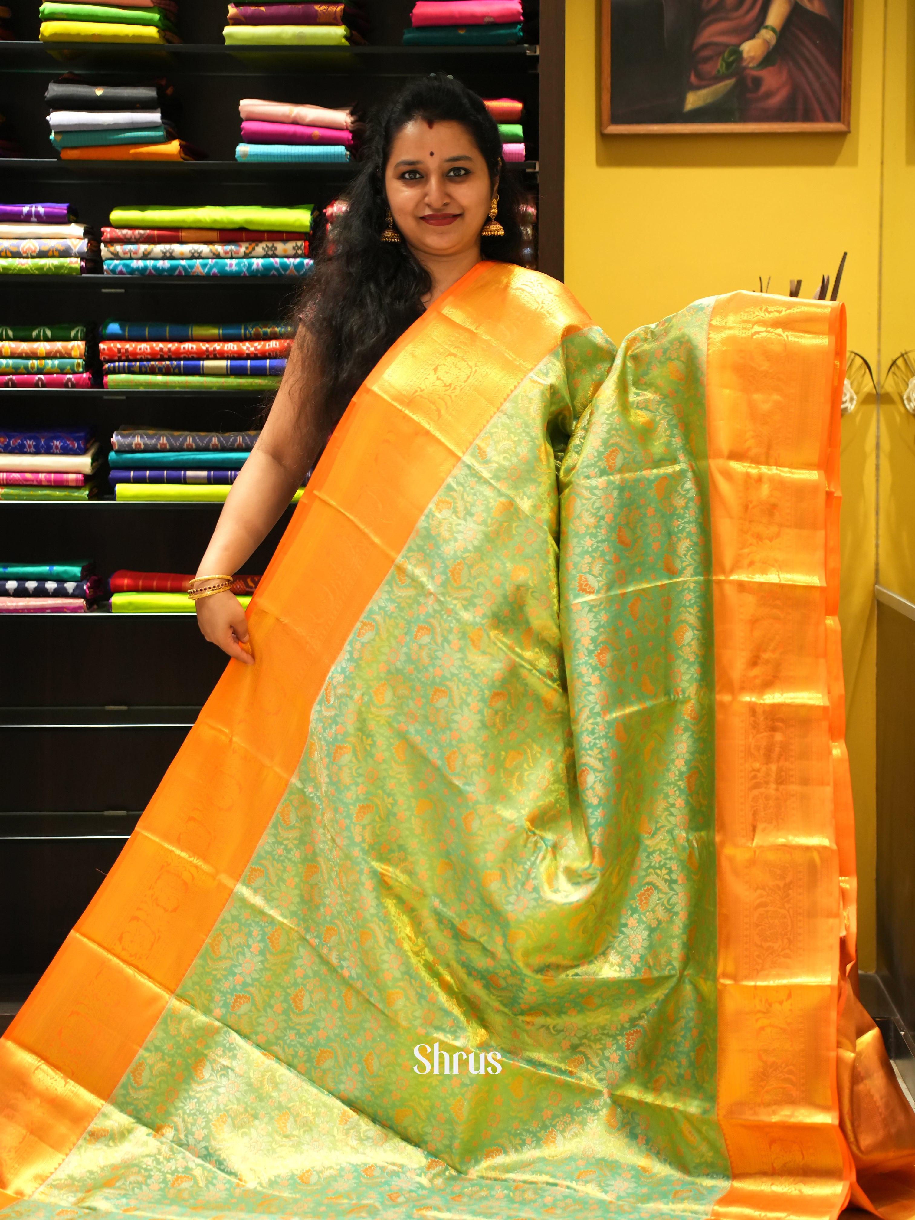 Green & Mustard - Kanchipuram silk Saree - Shop on ShrusEternity.com