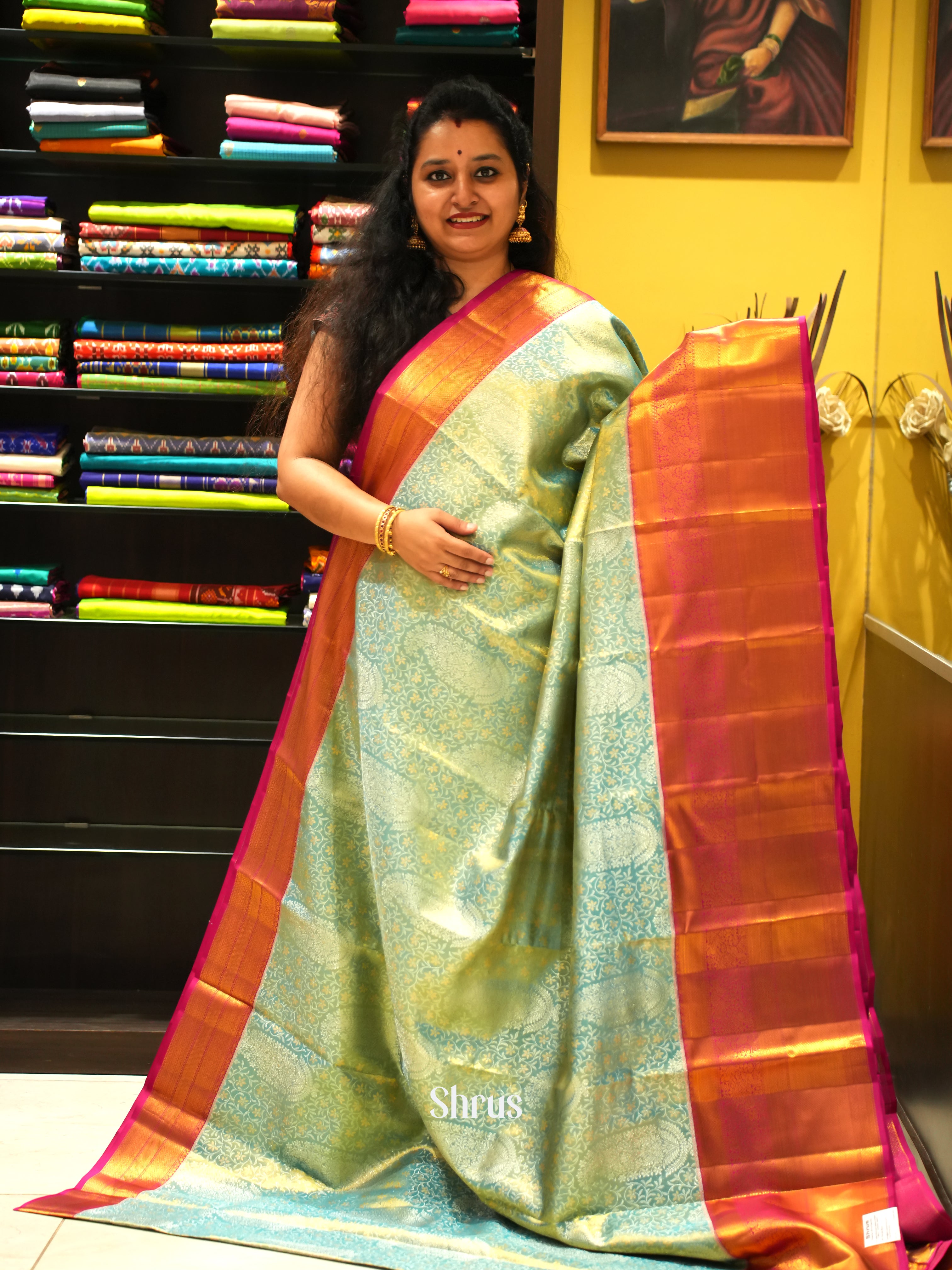 Green & Pink - Kanchipuram silk Saree - Shop on ShrusEternity.com