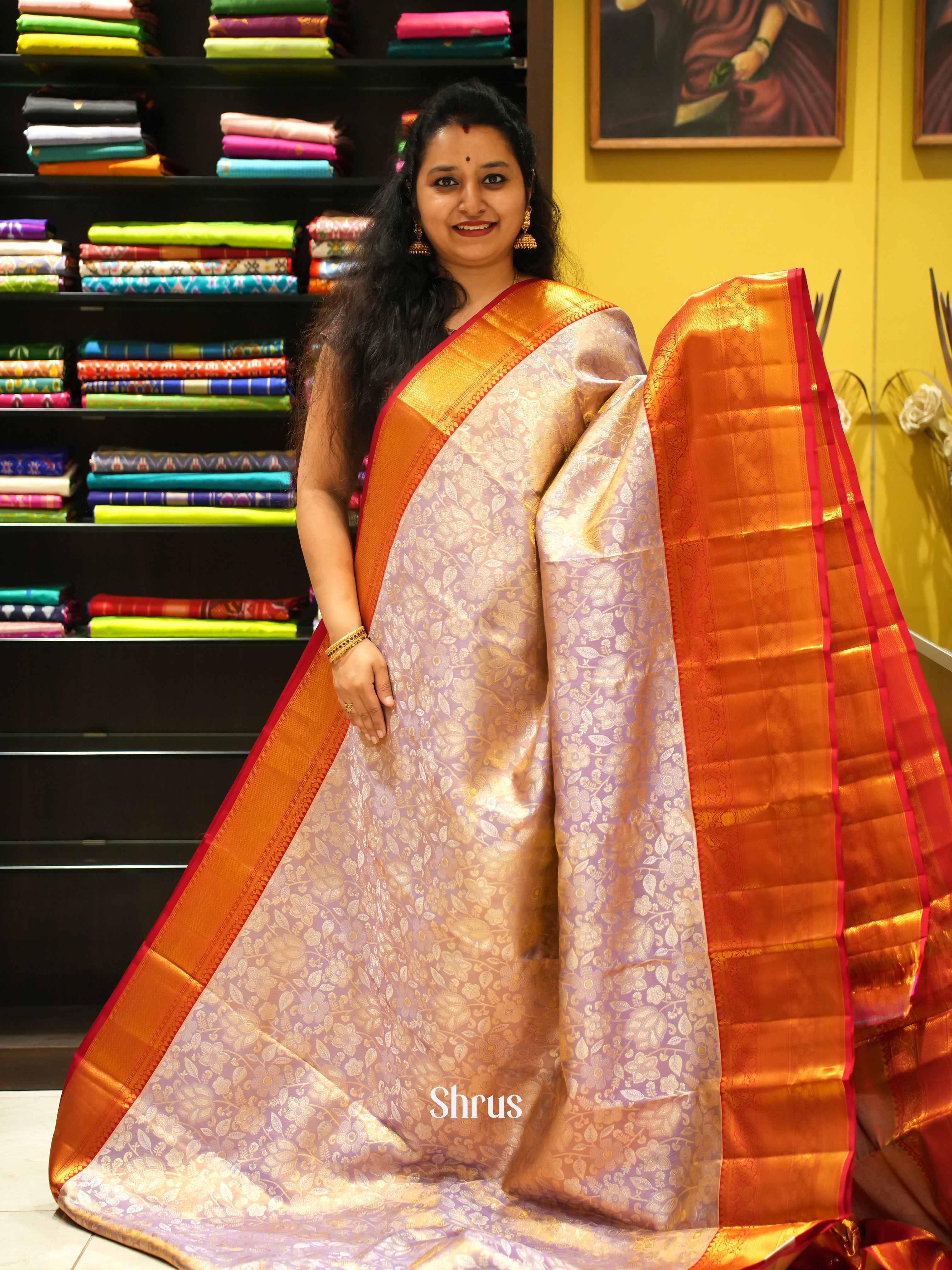 Lavender & Red - Kanchipuram silk Saree - Shop on ShrusEternity.com