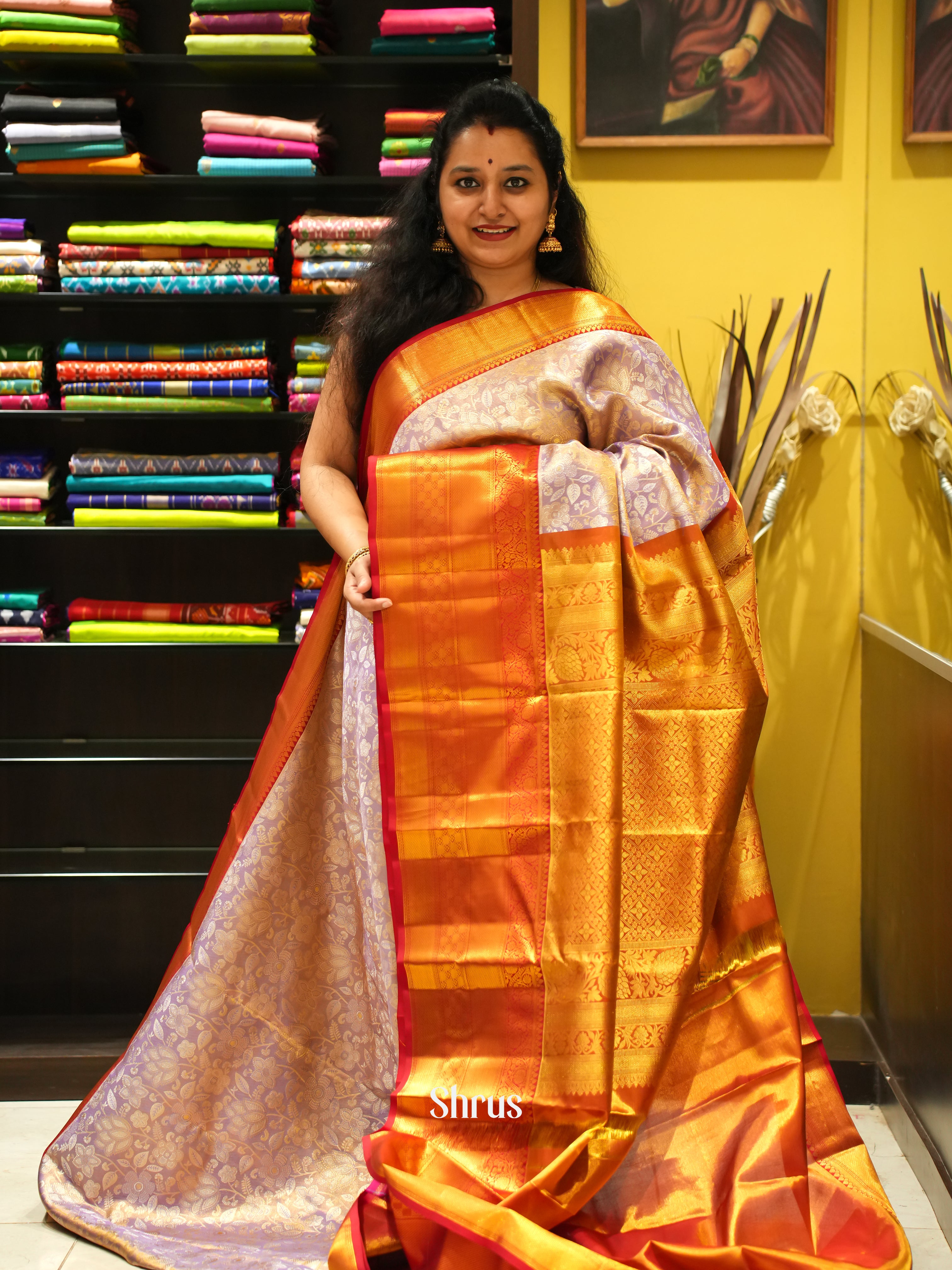 Lavender & Red - Kanchipuram silk Saree - Shop on ShrusEternity.com