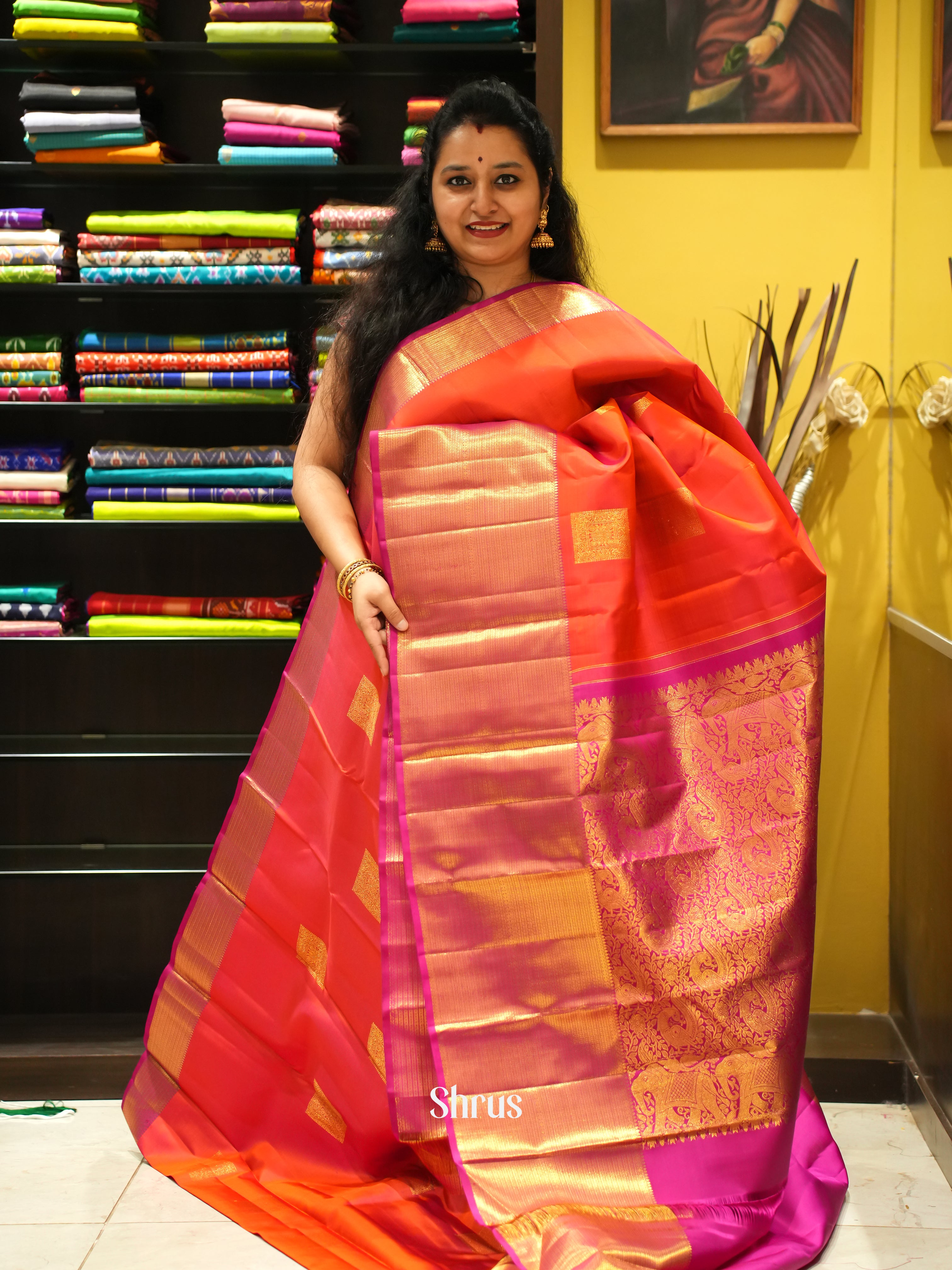 Orange & Pink - Kanchipuram silk Saree - Shop on ShrusEternity.com