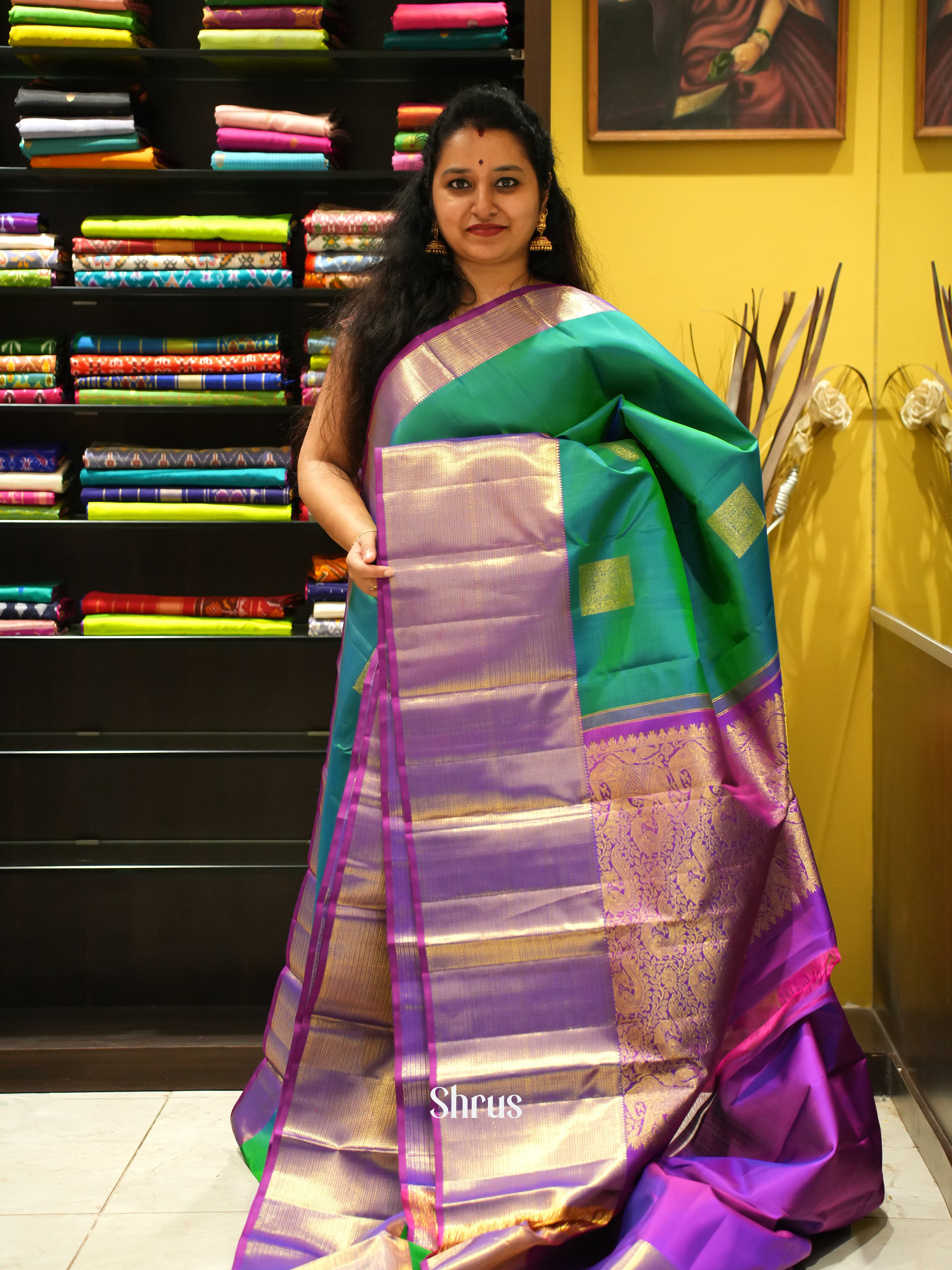 Green & majenta - Kanchipuram silk Saree - Shop on ShrusEternity.com