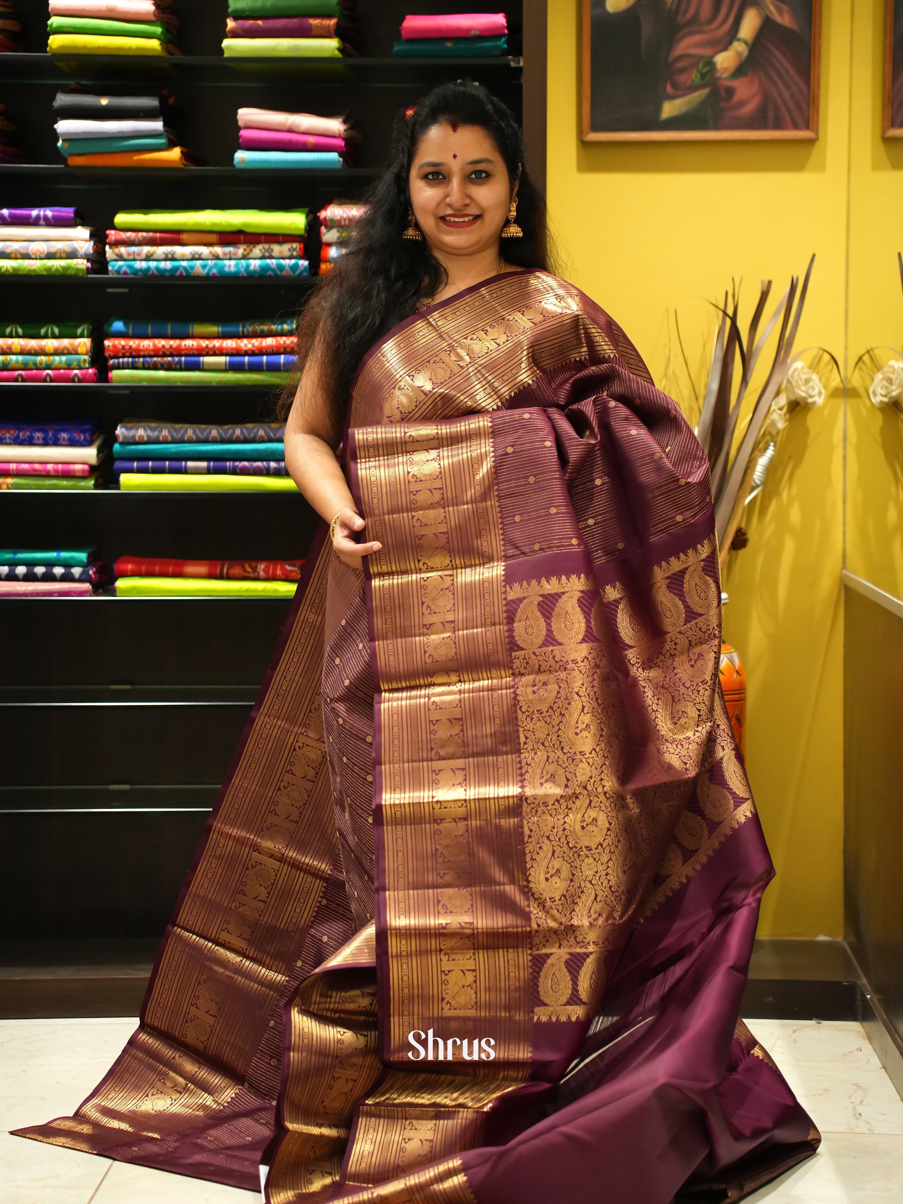 Wine(Single Tone) - Kanchipuram silk Saree - Shop on ShrusEternity.com