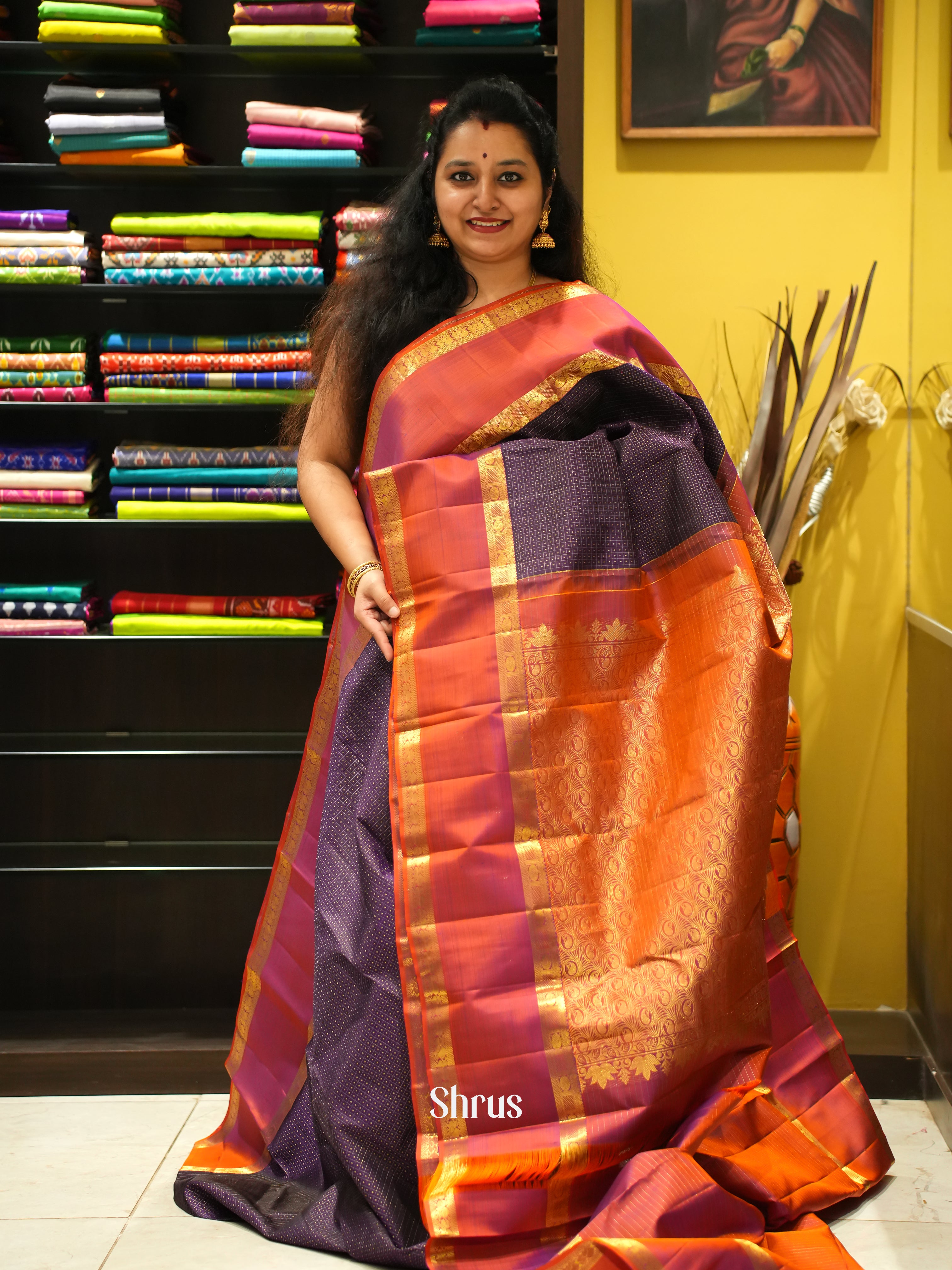 Jamun & Orange - Kanchipuram silk Saree - Shop on ShrusEternity.com