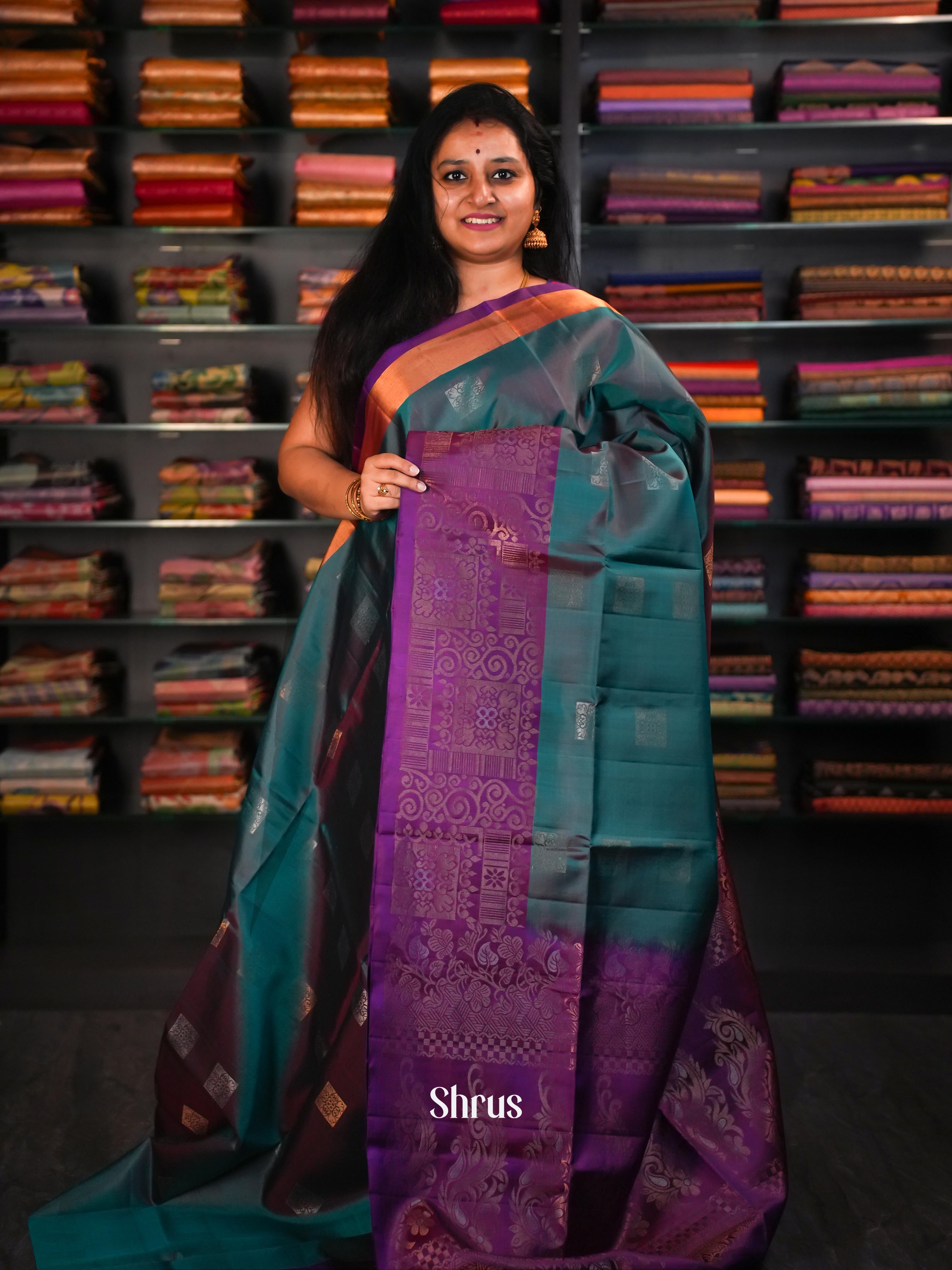 Peacock Green & Burgundy  - Soft Silk Saree