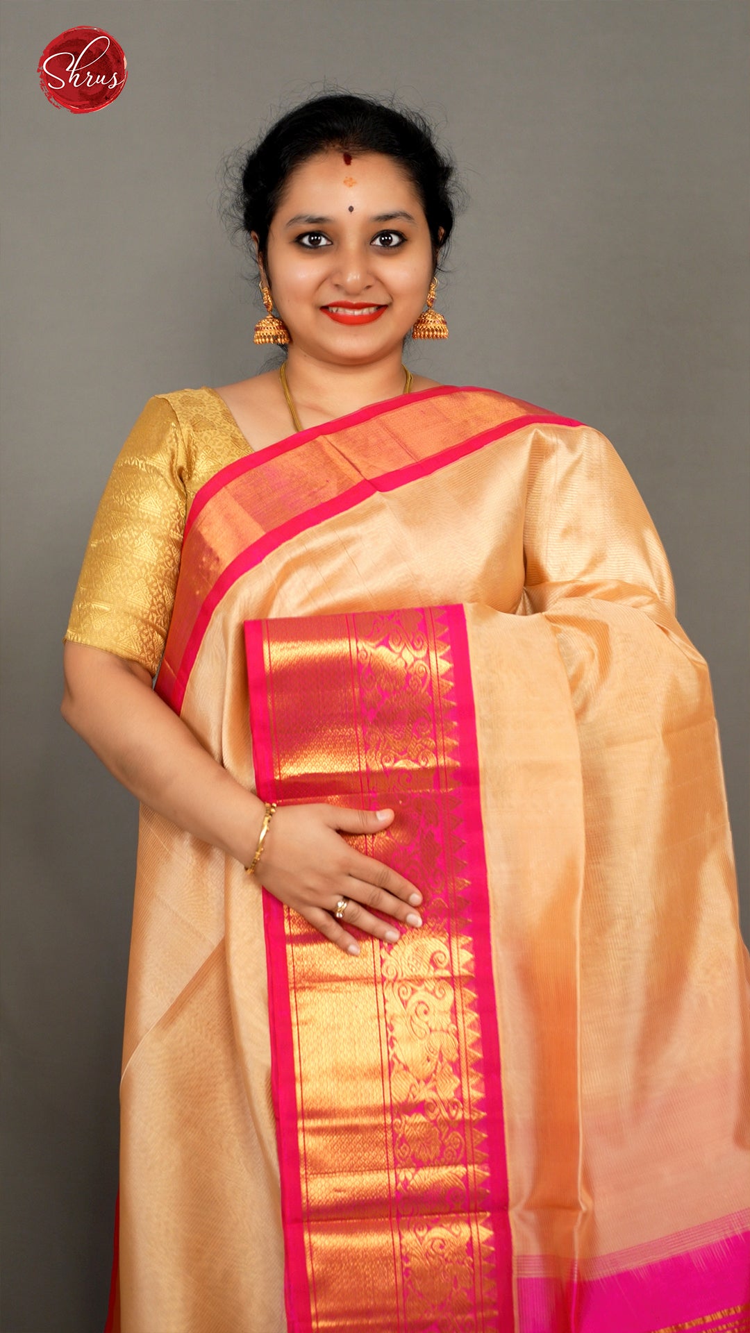 Beige & Pink - Silk Cotton Saree - Shop on ShrusEternity.com