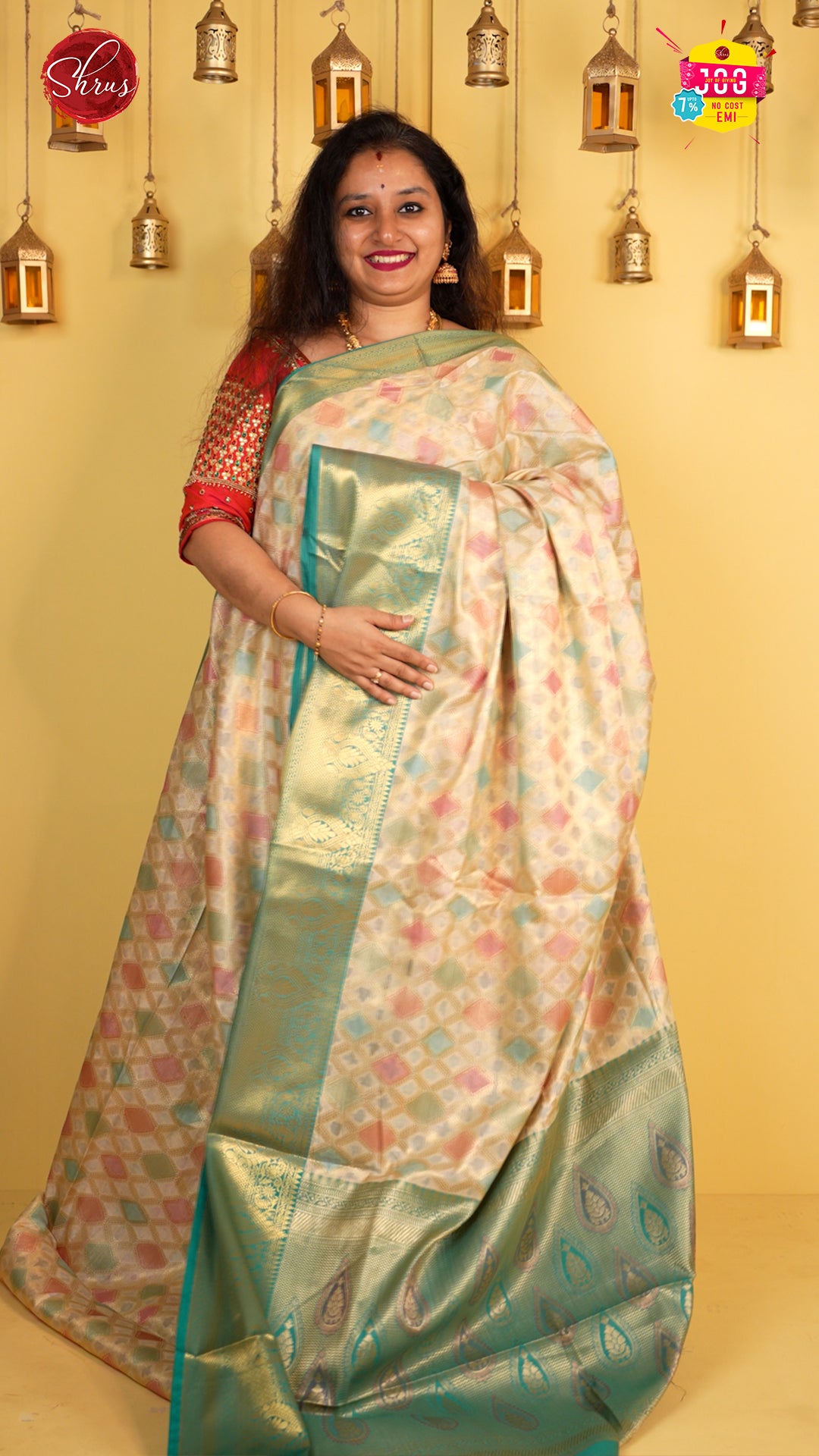 Beige & Blue - Tanchoi Semi Silk saree - Shop on ShrusEternity.com