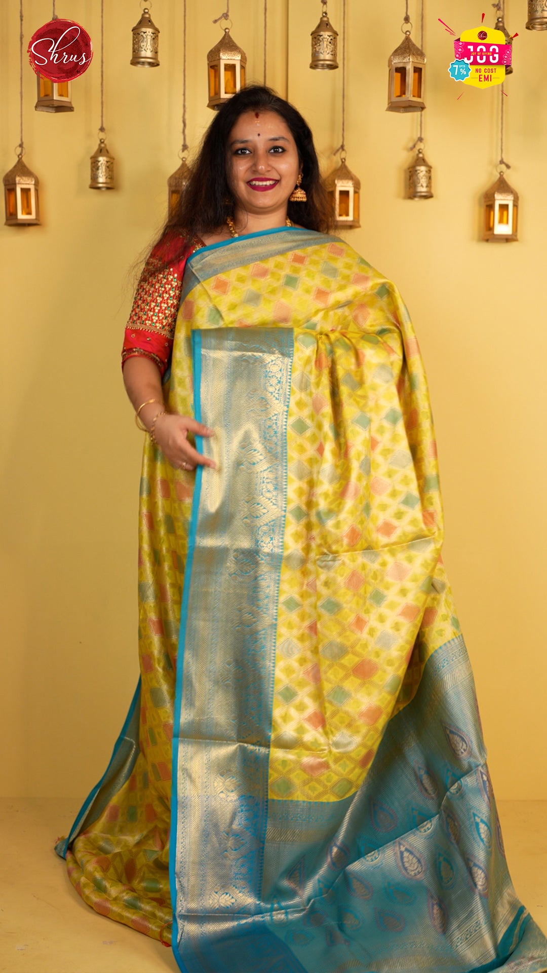 Yellow & Blue - Tanchoi Semi Silk Saree - Shop on ShrusEternity.com