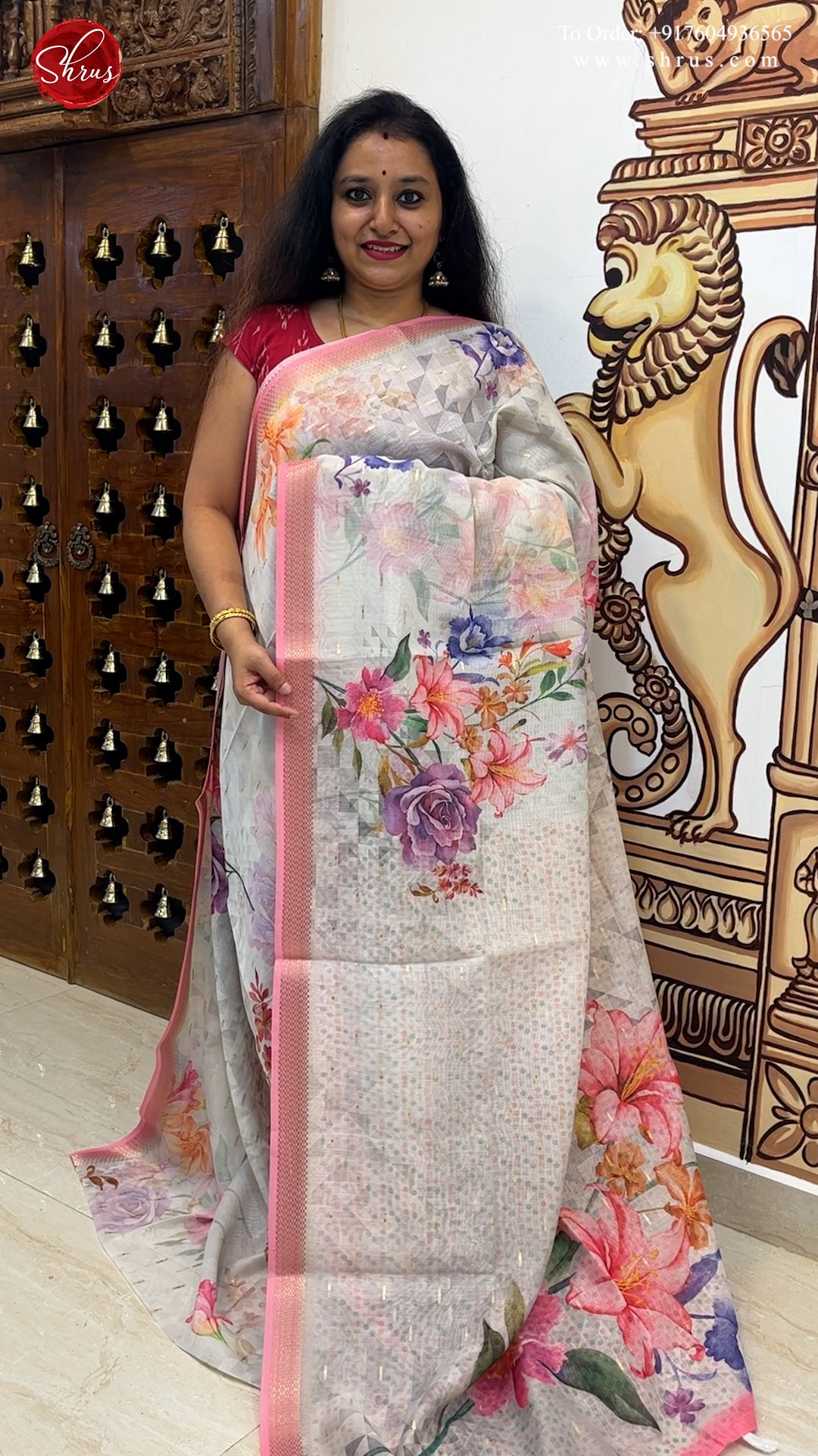 Cream  & Pink - Semi Chanderi with floral print on the body & Zari Border - Shop on ShrusEternity.com