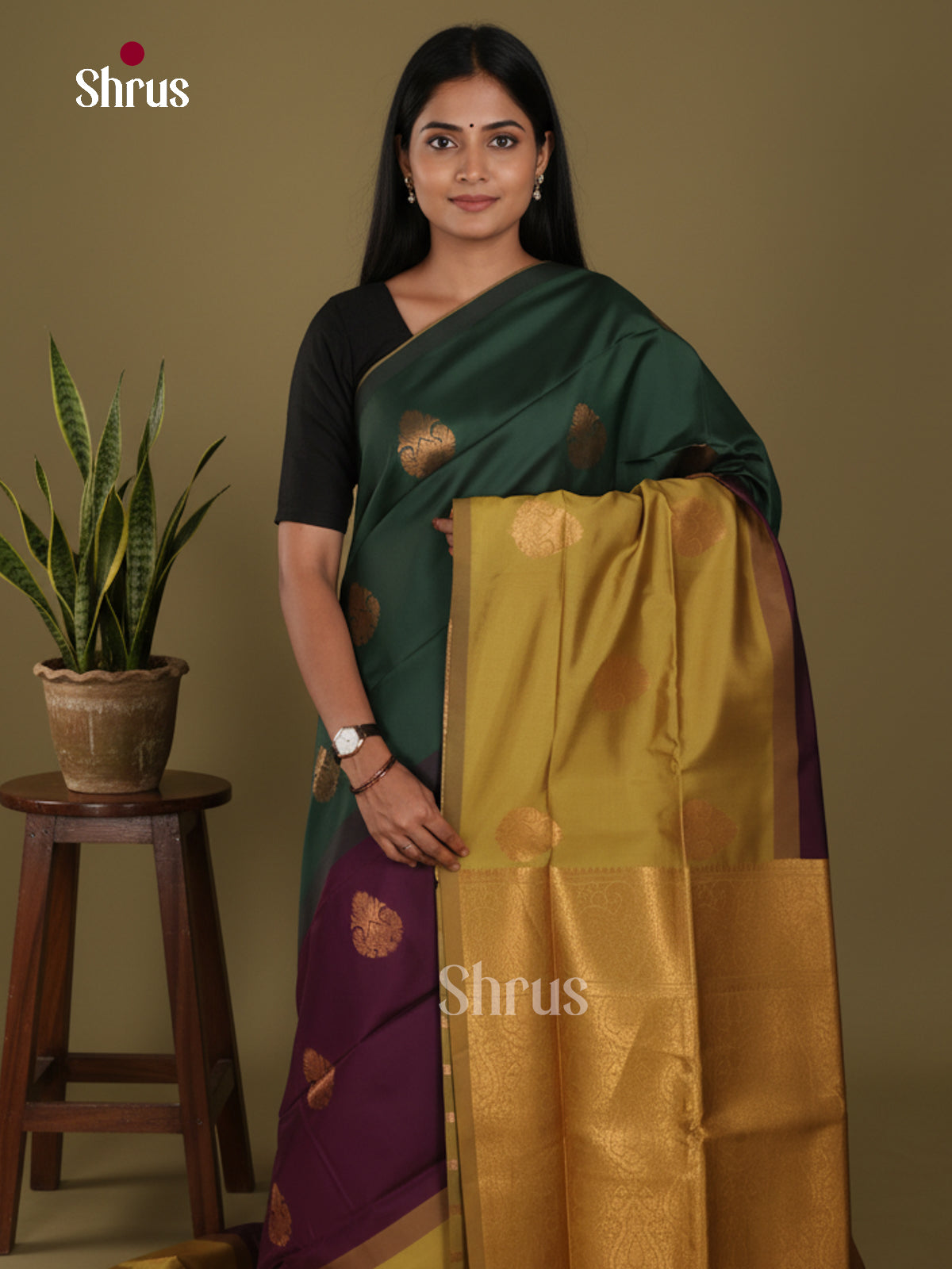 Green & Purple - Semi Softsilk Saree - Shop on Shrus.com