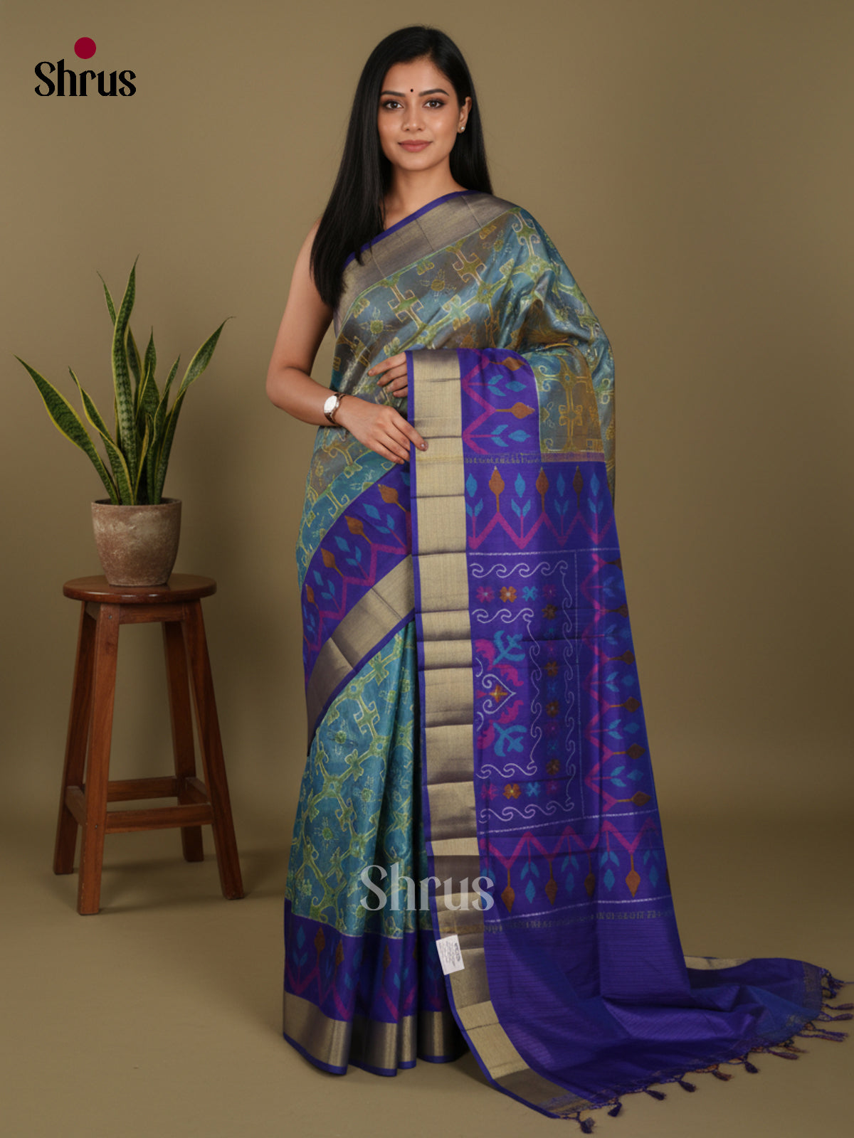 Teal Blue & Blue- Semi Patola Saree - Shop on Shrus.com