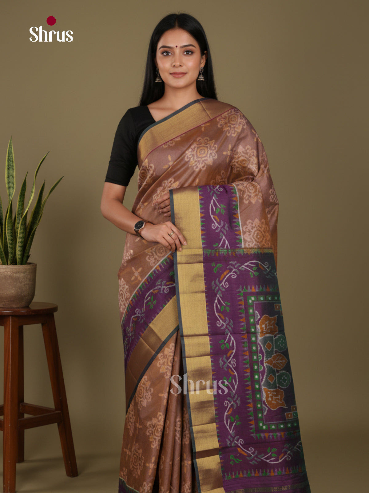 Brown & Violet - Semi Patola Saree - Shop on Shrus.com