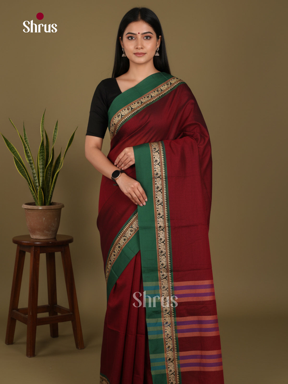 maroon & Green- Narayanpet Cotton Saree - Shop on Shrus.com