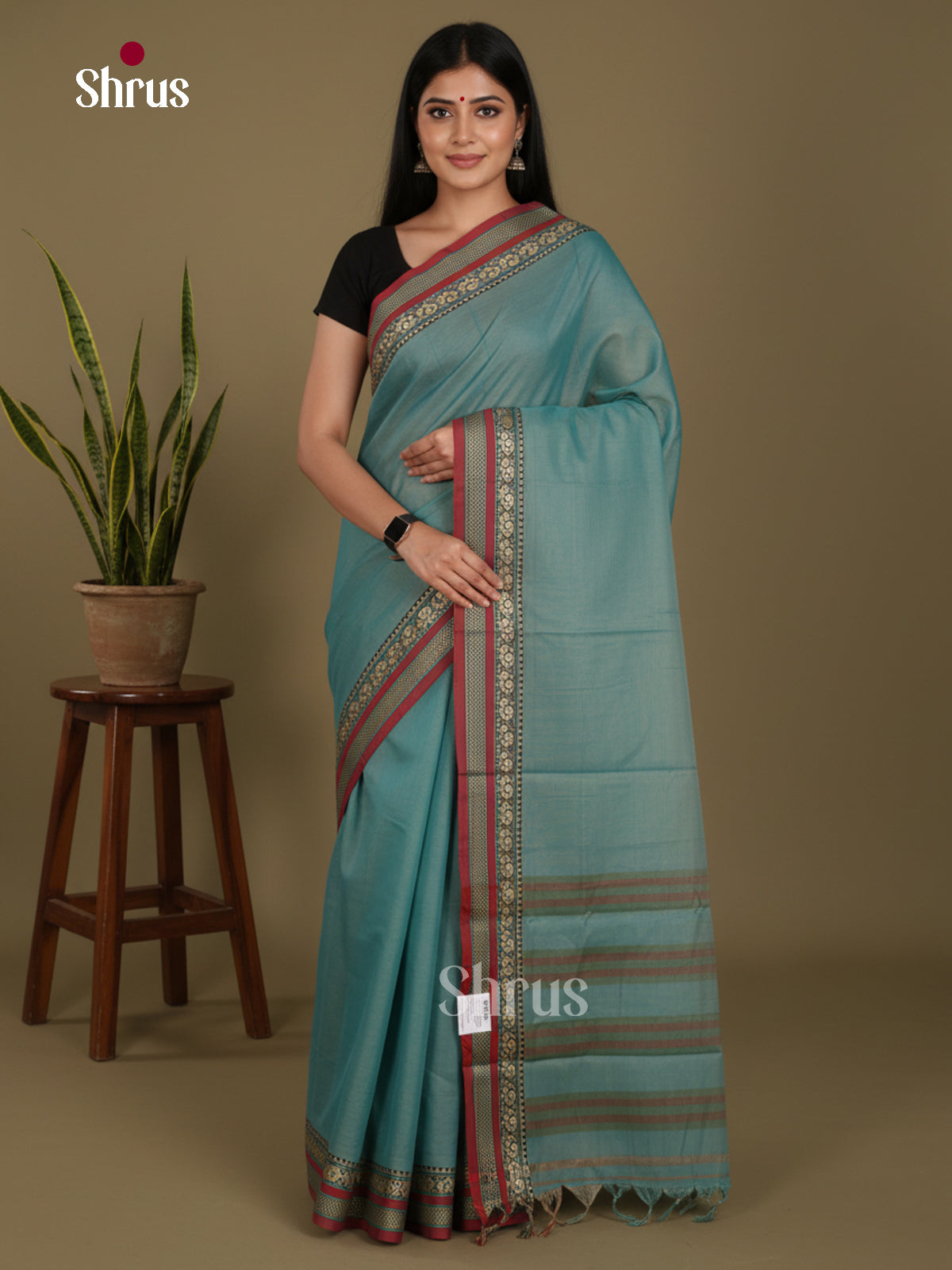 Pastel Blue & Red- Narayanpet Cotton Saree - Shop on Shrus.com