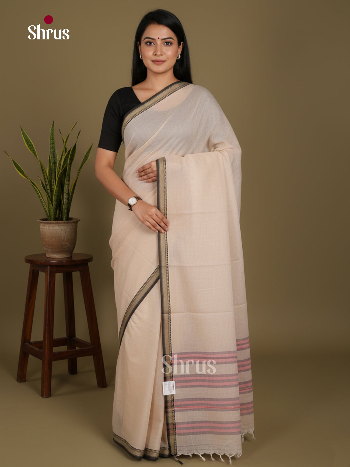 Cream & Black - Narayanpet Cotton Saree - Shop on Shrus.com