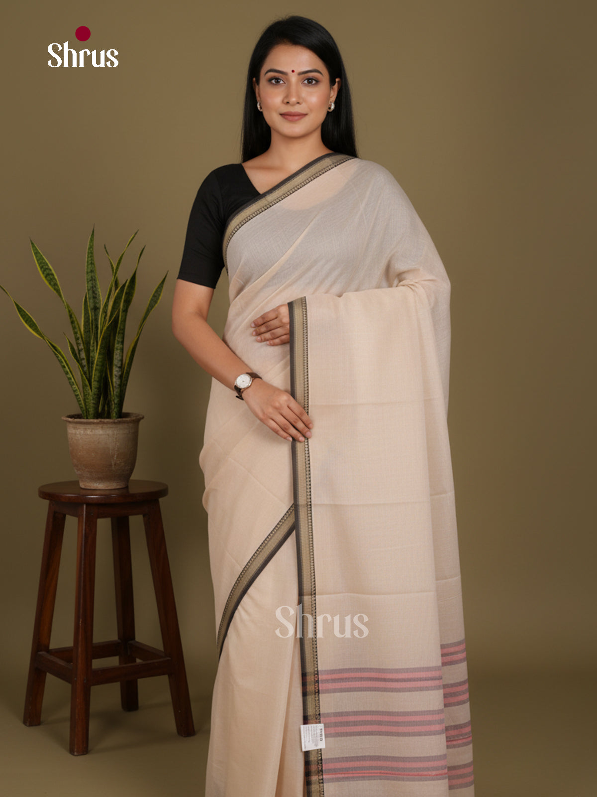 Cream & Black - Narayanpet Cotton Saree - Shop on Shrus.com