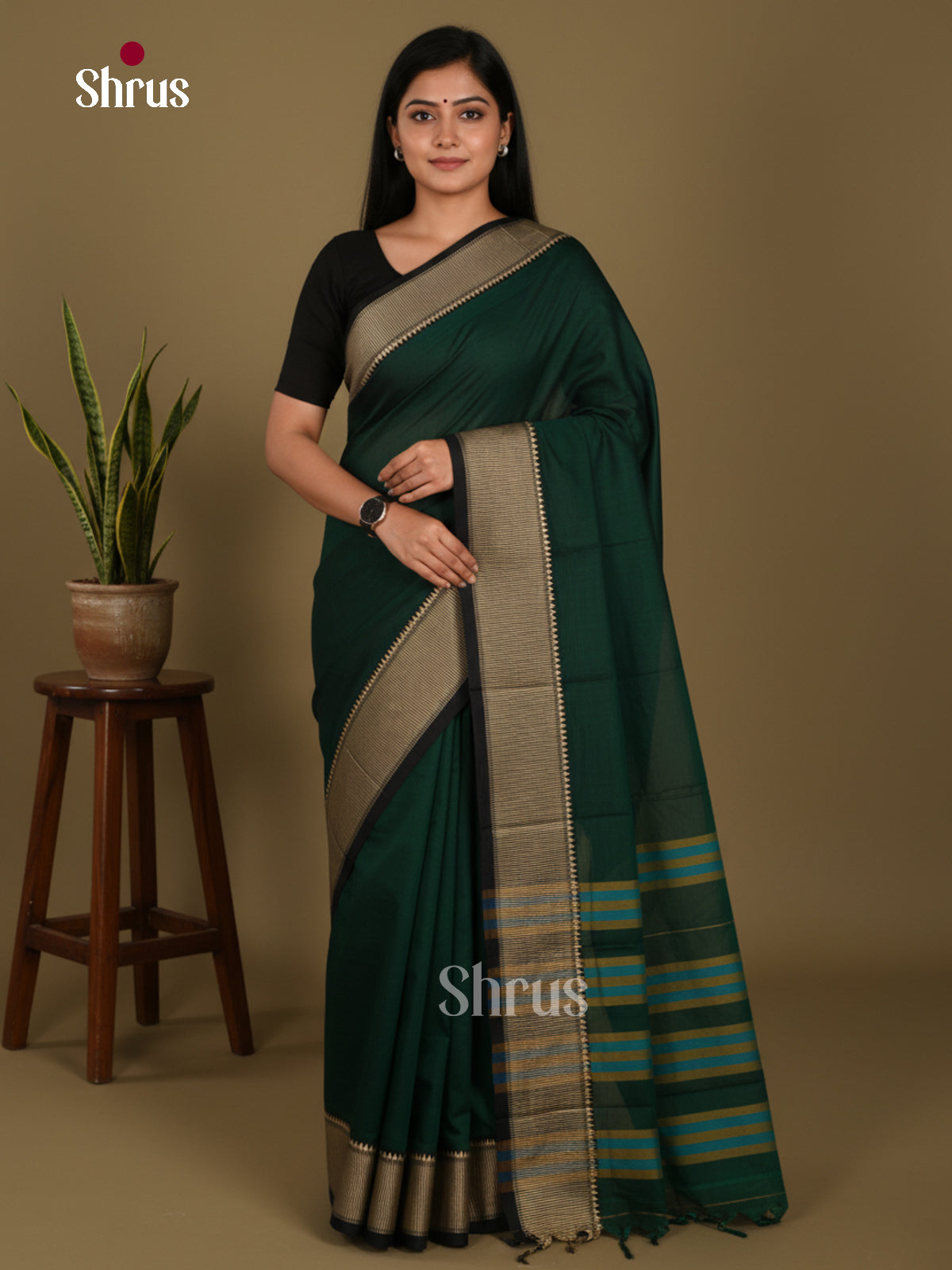 Green & Black- Narayanpet Cotton Saree - Shop on Shrus.com