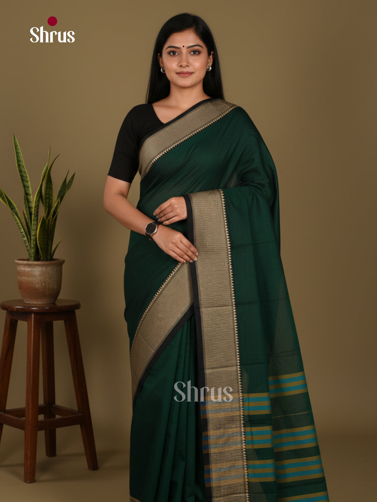 Green & Black- Narayanpet Cotton Saree - Shop on Shrus.com