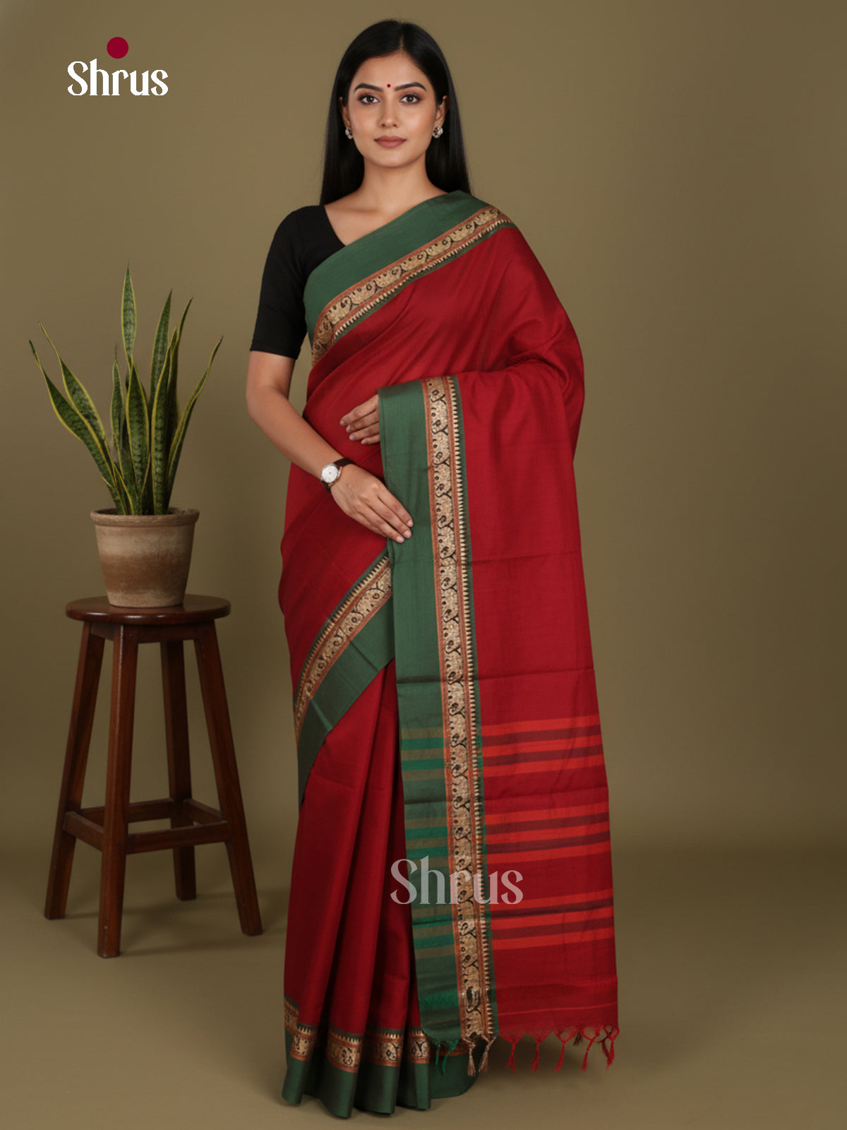 Red & Green- Narayanpet Cotton Saree - Shop on Shrus.com