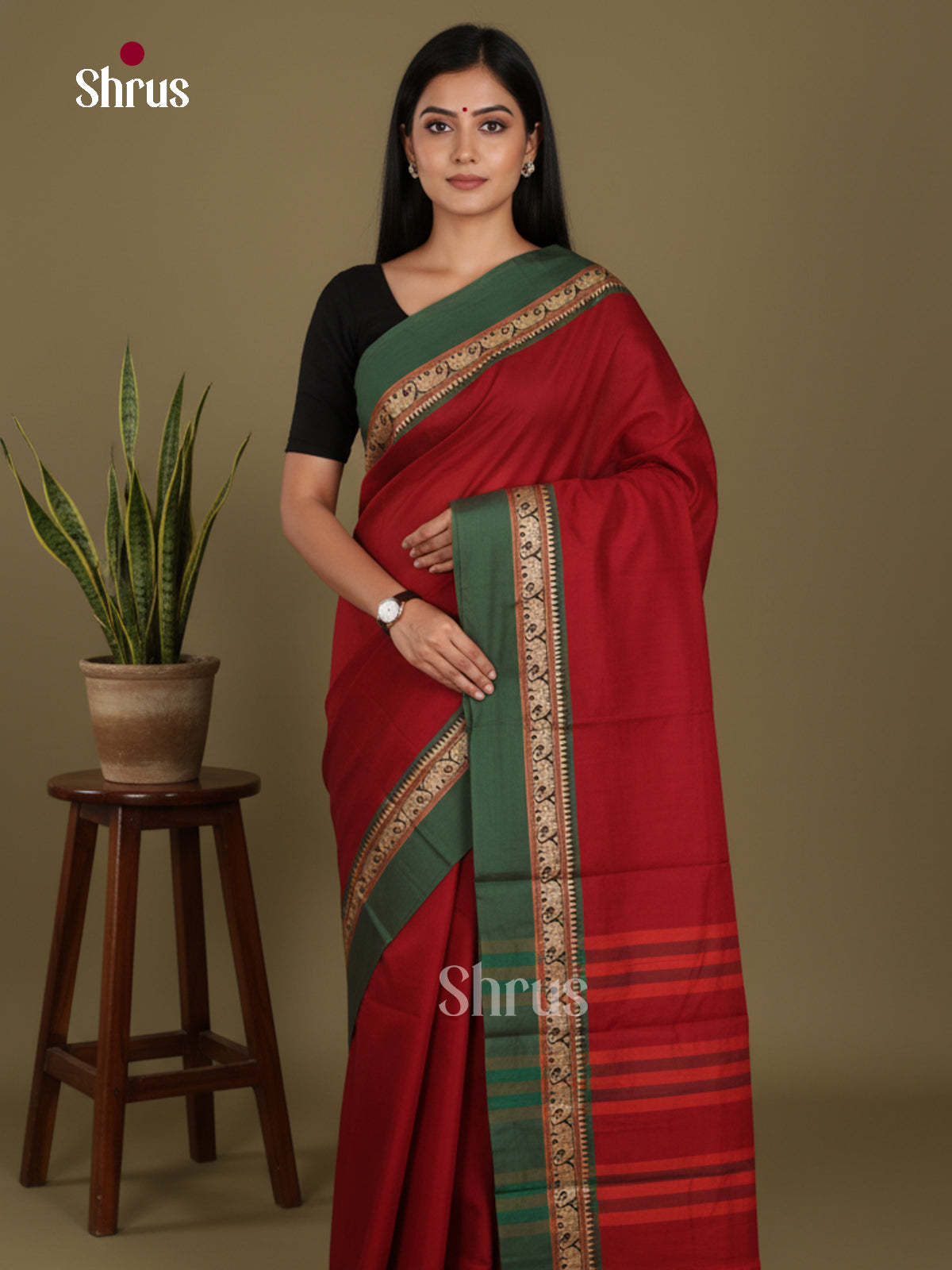 Red & Green- Narayanpet Cotton Saree - Shop on Shrus.com