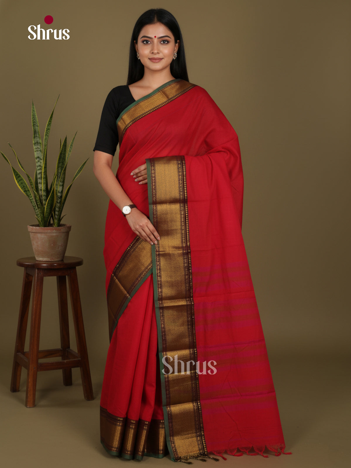 Red & Green - Narayanpet Cotton Saree - Shop on Shrus.com